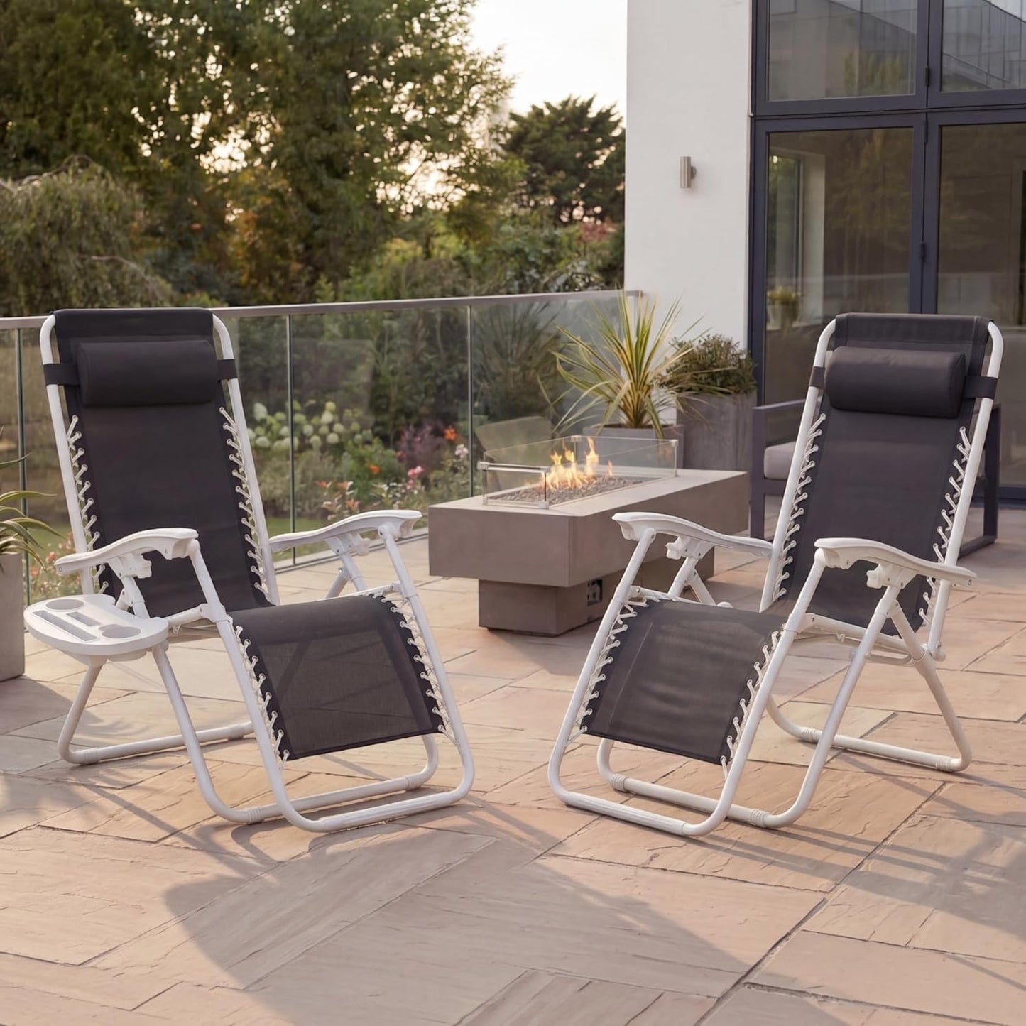 Best Choice Products Set of 2 Adjustable Steel Mesh Zero Gravity Lounge Chair Recliners w/Pillows and Cup Holder Trays - Black/White