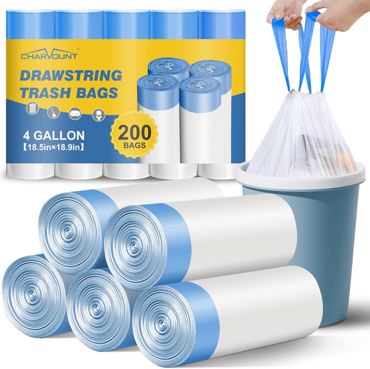 Charmount Small Trash Bags 4 Gallon, 200 Count Drawstring Mini Garbage Bags, Plastic Trash Can Liners for Bathroom Accessories, Bedroom, Dorm Room Essentials, Office