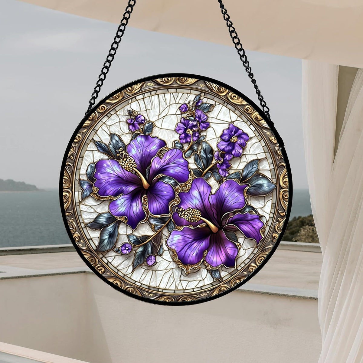 Purple Hibiscus Flowers Stained Glass Window Hanging Suncatcher Gifts 15"