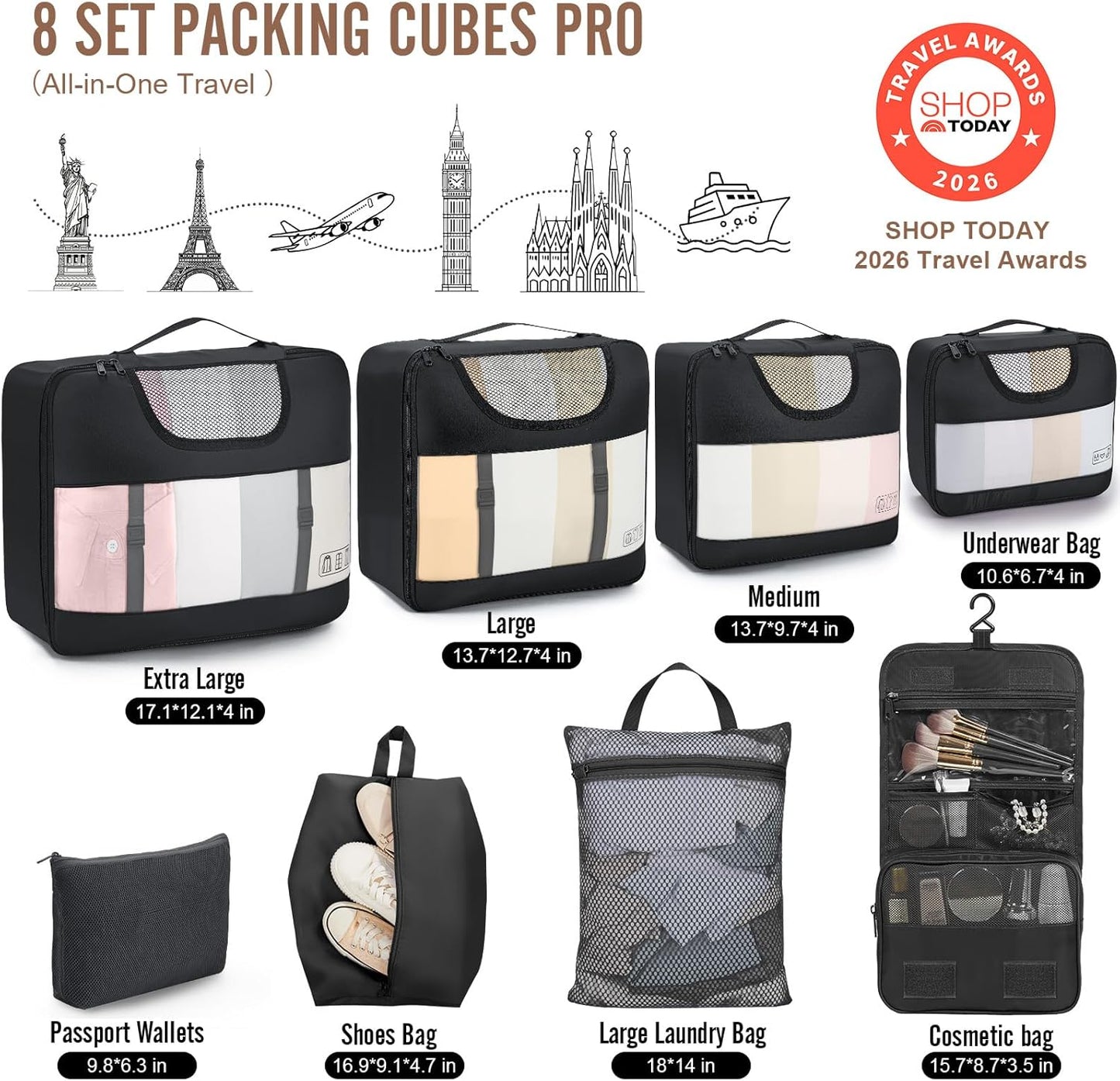 Veken 10 Set/8 Set Packing Cubes for Travel Essentials,Anti-Wrinkle Buckled Suitcase Organizer for Shoe & Toiletry Bag,Carry On Luggage Bag for Airplane & College Dorm Room Accessories,Women Men Gifts