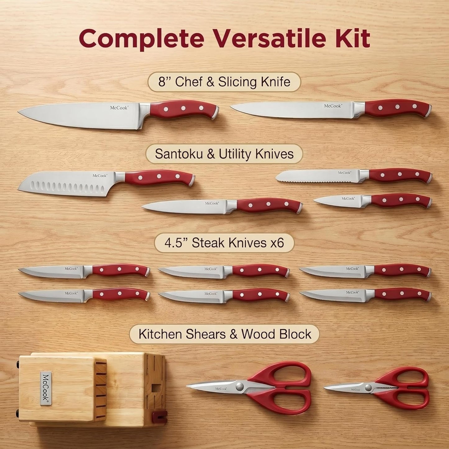 McCook® Stainless Steel Kitchen Knife Sets with Wooden Block, Kitchen Scissors and Built-in Sharpener, Red