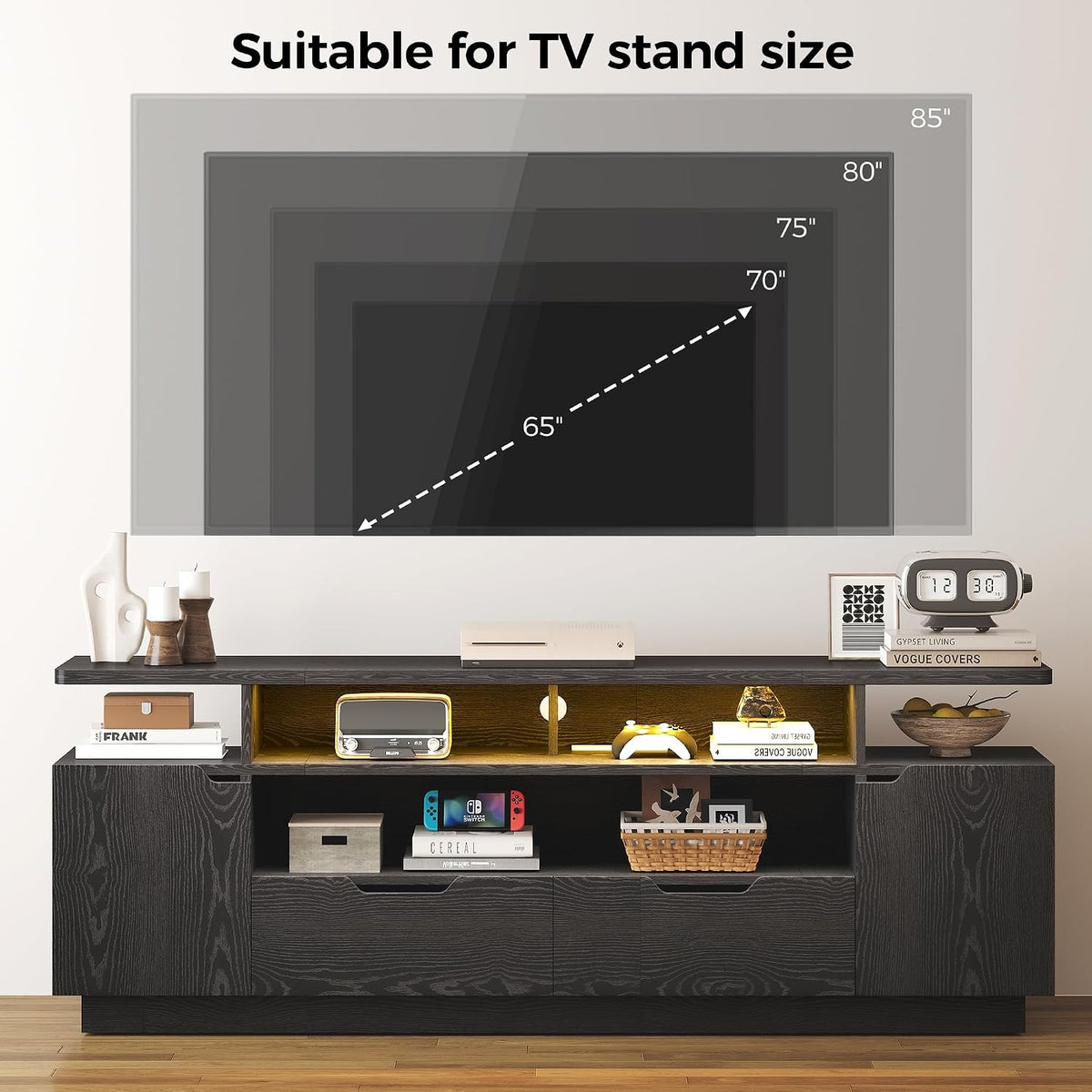 IRONCK TV Stand for TVs up to 85", LED Lights and Power Outlets, Black