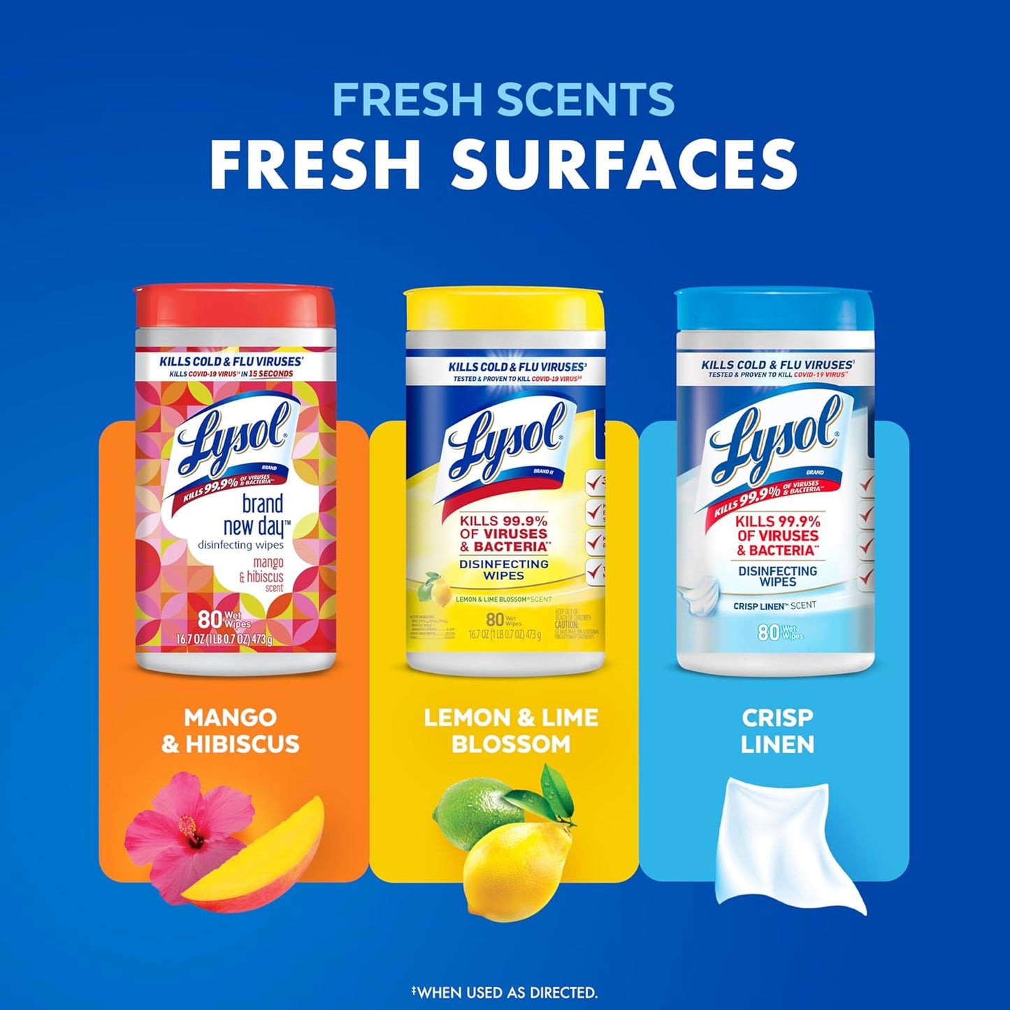 LYSOL Disinfecting Wipes, All Purpose Cleaner, Multi-Surface Antibacterial Cleaning Wipes, Household Cleaning Supplies, Dorm Essentials, Lemon + Mango & Hibiscus + Crisp Linen Scent, 80 ct. (4 Pack)