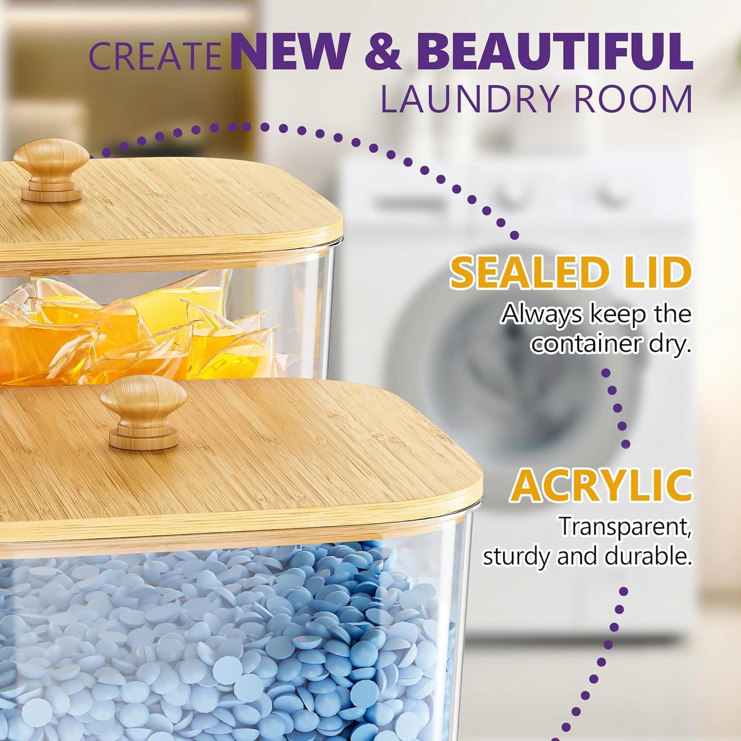 Moforoco 2+1 Pack Bamboo Laundry Pods Container, Clear Laundry Room Organization Containers,Large Laundry Detergent Powder Storage Containers Lids & Labels, for Scent Booster
