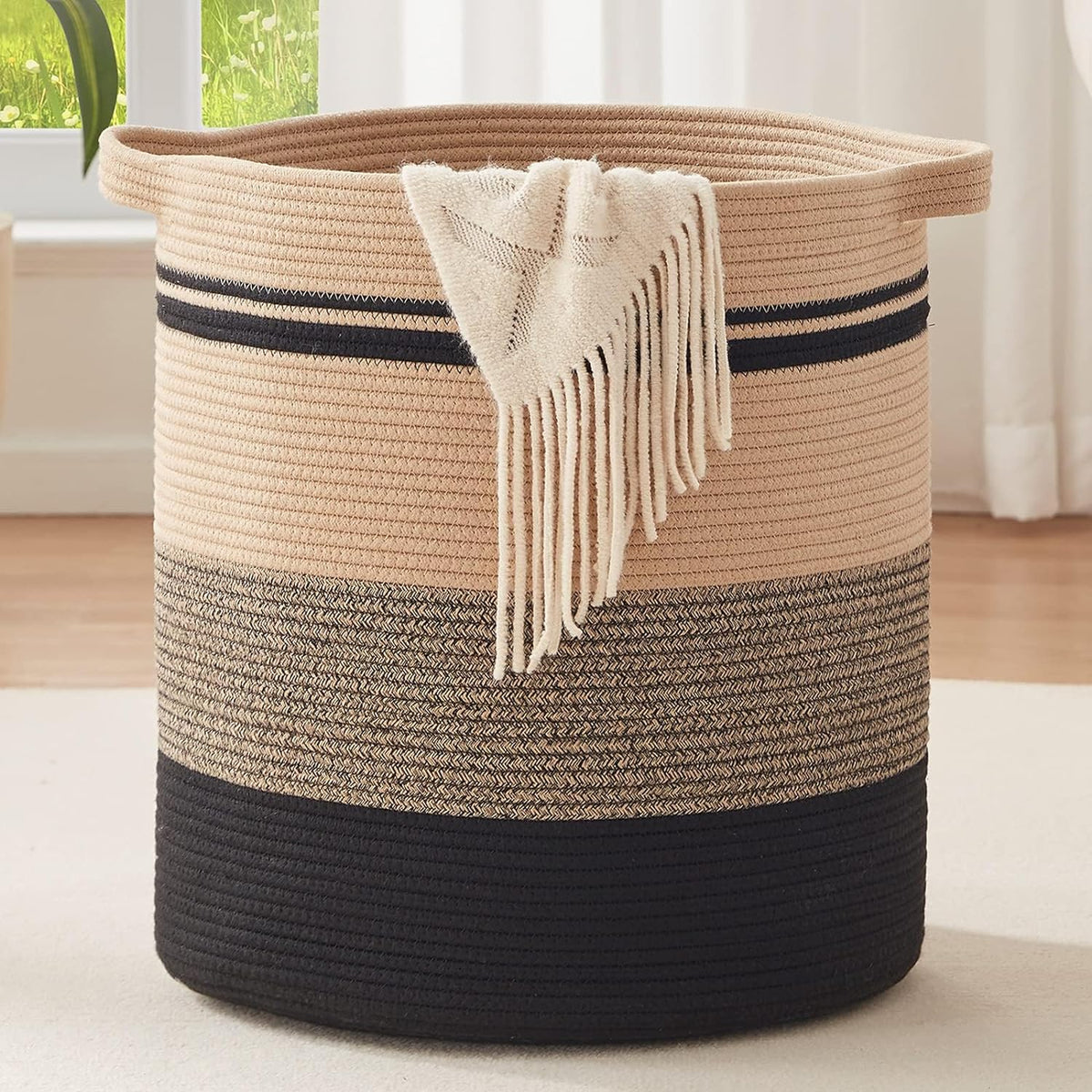 OIAHOMY 58L Laundry Baskets-Laundry Hamper, Storage Basket with Handles, Decorative Basket for Living room, Woven Storage Basket for Toys Bin, Pillows, Blankets, Clothes-18x16in-Gradient Brown