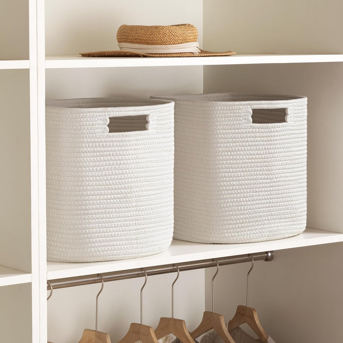 UBBCARE Set of 2 Kallax Storage Cubes-13 ×15 ×13 Inch, Cotton Rope Basket for Shelves, Toys, Book, Cube Storage Bin with Handles, Woven Storage Basket for Organizing, White