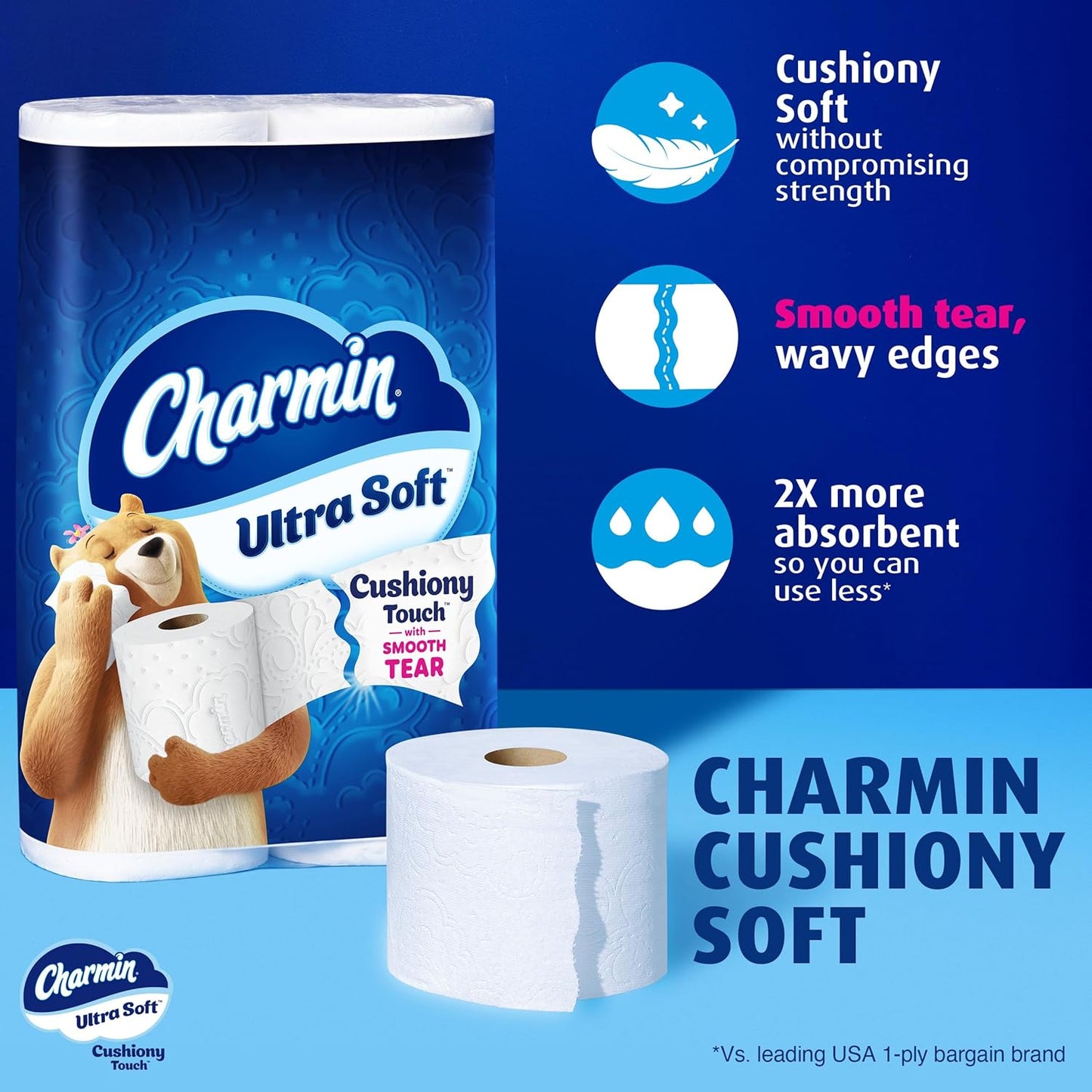 Charmin Ultra Soft Cushiony Touch 2-Ply Toilet Paper, 18 Family Mega Rolls = 90 Regular Rolls, White