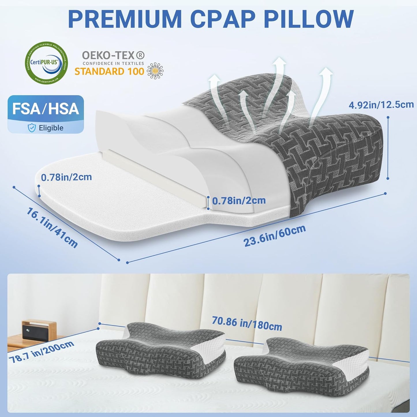 Elviros CPAP Pillow for Sleeping, HSA/FSA Ergonomic Adjustable Height Neck Support Memory Foam Bed Pillow for CPAP Users with Sleep Apnea, Suitable for Side and Back Sleepers