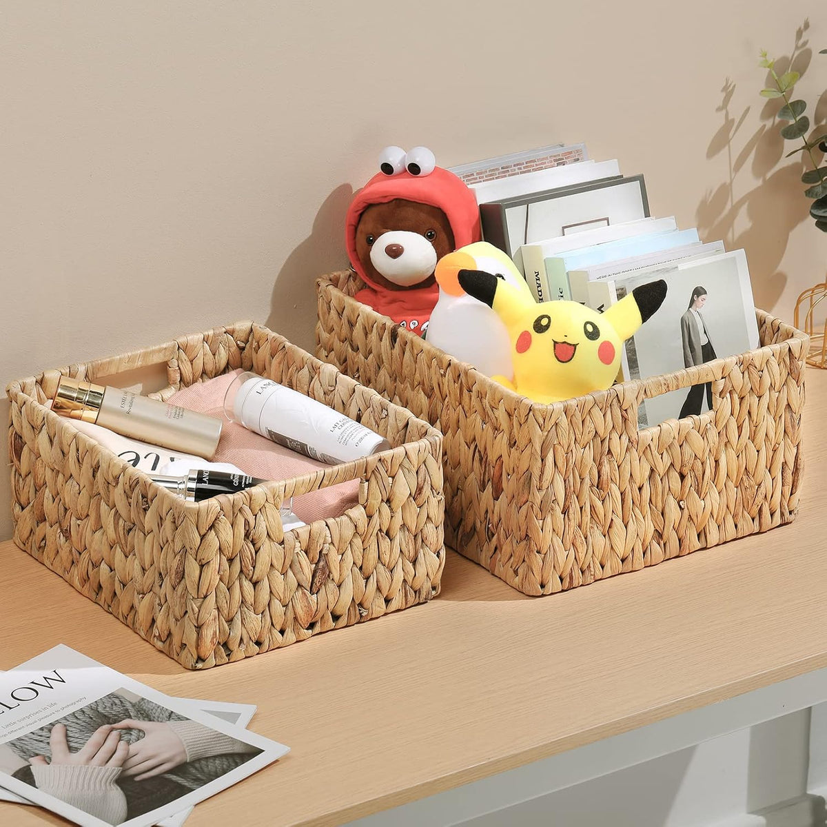 HOONEX Water Hyacinth Storage Baskets, Wicker Baskets for Organizing, Hand Woven Baskets with Carry Handles, Set of 2, Natural