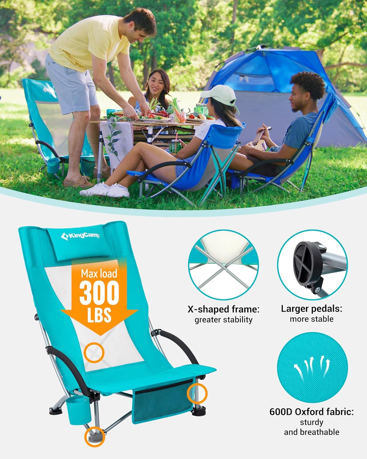 KingCamp Low Beach Chair, High Back Folding Camping Chair for Adults, Oversized Breathable Mesh Seat, 300lbs Heavy Duty Portable Chair with Cup Holder & Storage Pockets for Beach, Outdoor