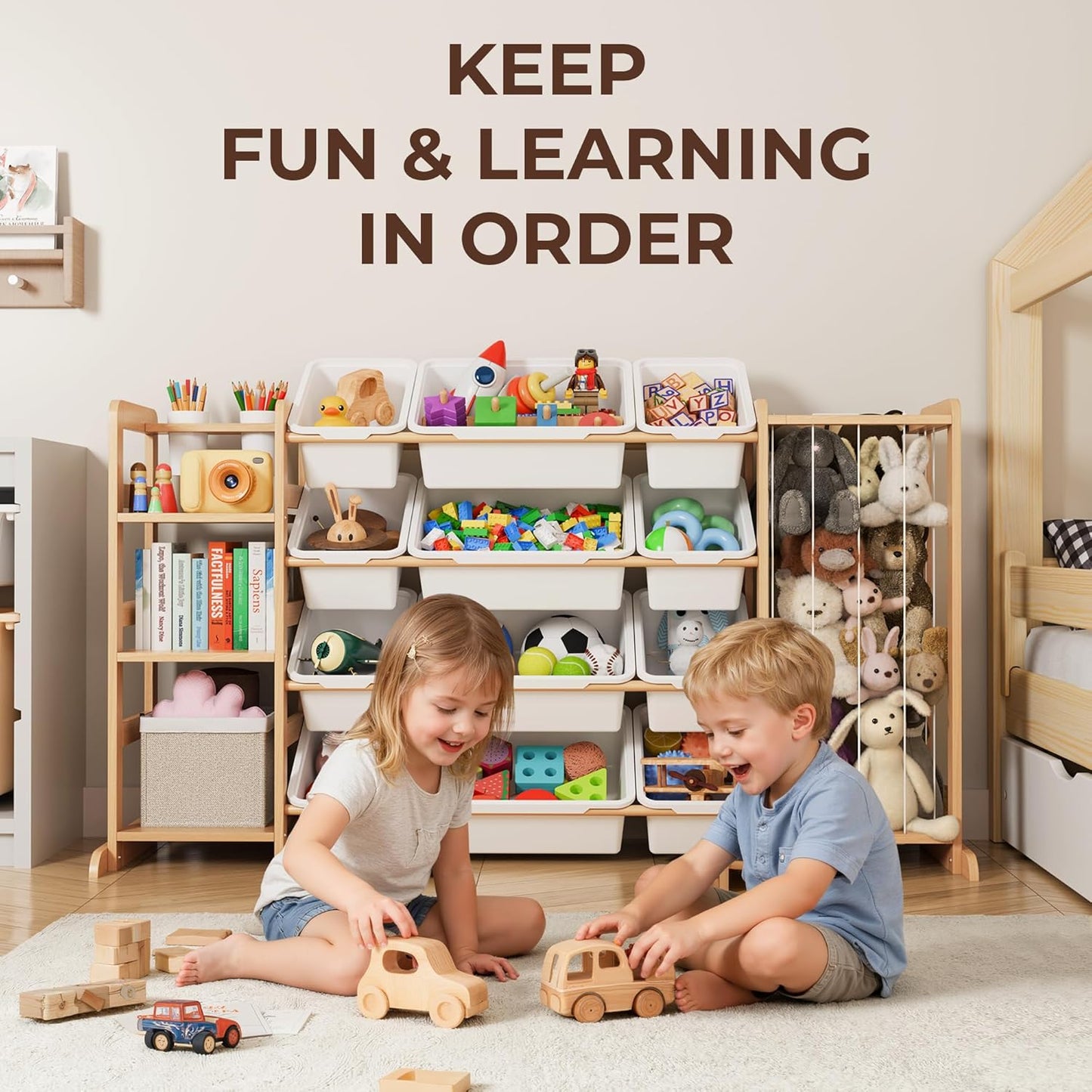 Toy Storage Organizer with Bookshelf and Stuffed Animal Storage - Kids Playroom Organization with Shelves and 12 Toy Bins - Toddler Living Room Toy Box for Lego - Nursery Bedroom Decor Essential