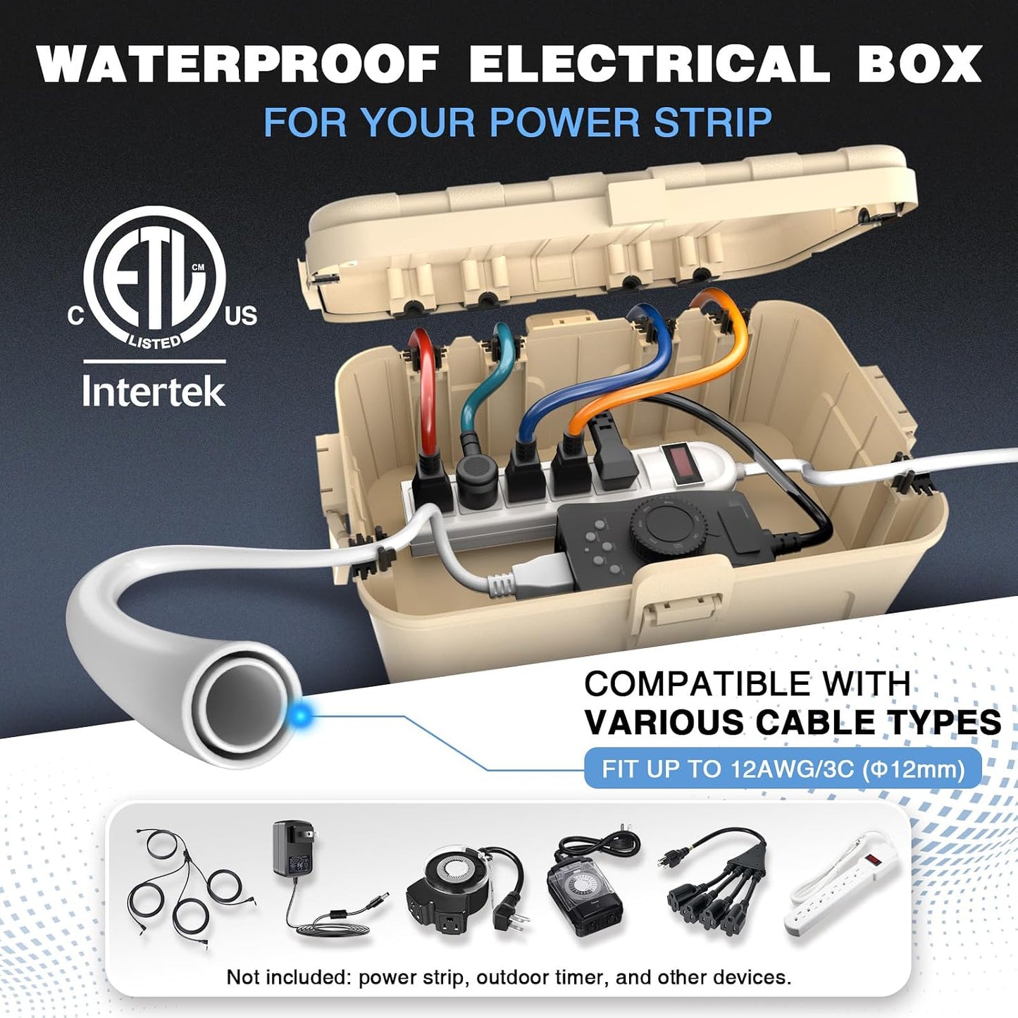 Flemoon Large Outdoor Electrical Box, Waterproof Extension Cord Cover | Inner Size 12 x 7.4 x 3.9Inch, 6 Cable Entry Ports, IP54 Weatherproof Connection Box for Outlet, Timer, Holiday Light, Alomnd