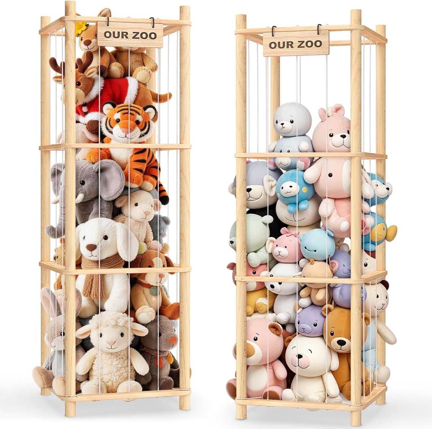 Woodure Stuffed Animal Storage & Organizer, Wooden Cute Zoo Toy Holder for Toddler Rooms, Playrooms & Bedrooms（White）