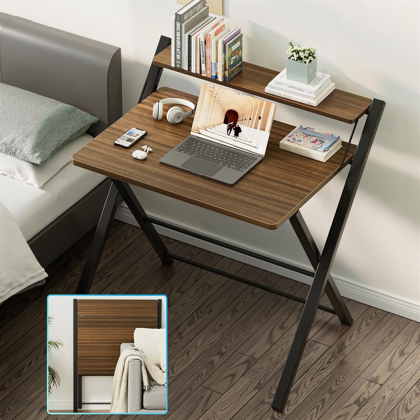 GreenForest No Assembly Folding Desk, 2-Tier Compact Computer Desk with Shelf, Space Saving Foldable Table for Home Office, Dorm or Apartment, Portable Collapsible Sturdy Laptop Desk, Espresso