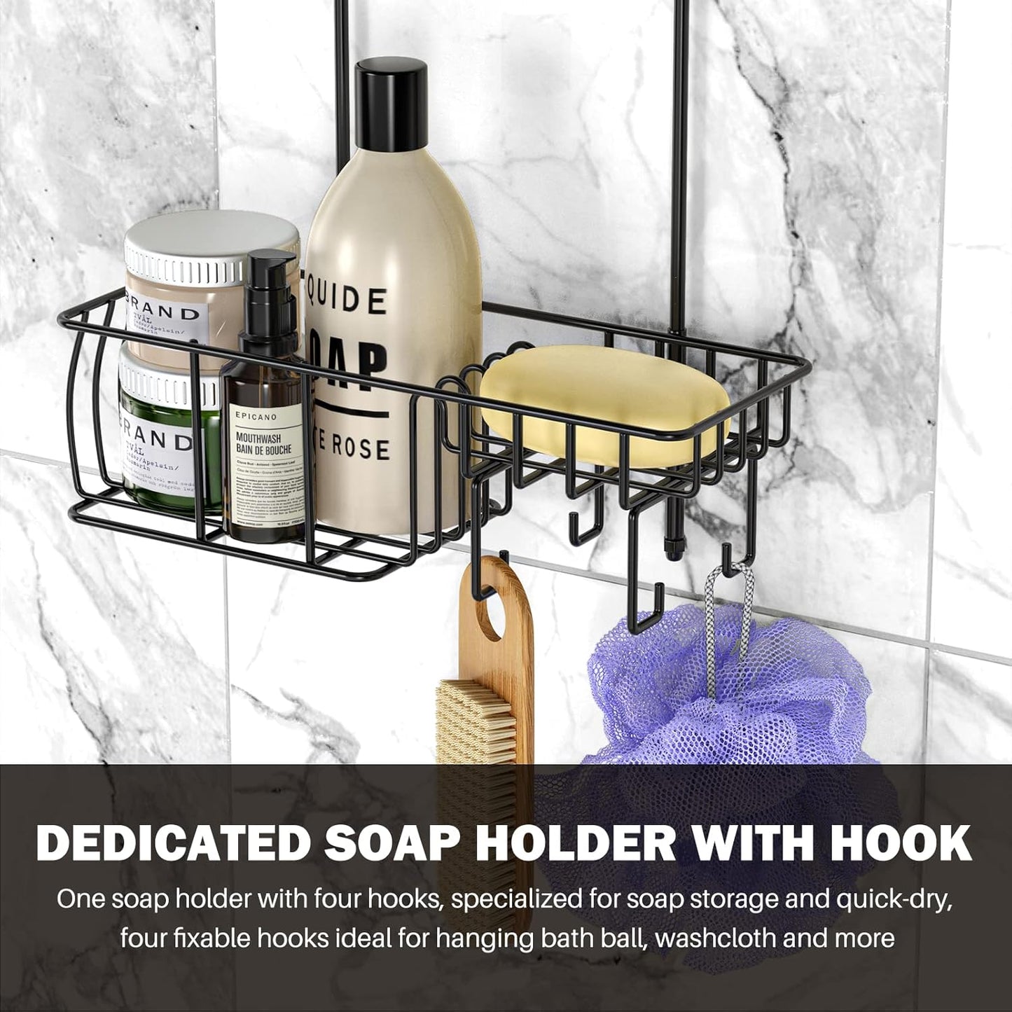 Epicano Shower Caddy Hanging, Anti-Swing Over Head Shower Caddy Rustproof with Hooks for Towels, Sponge and More, Matte Black