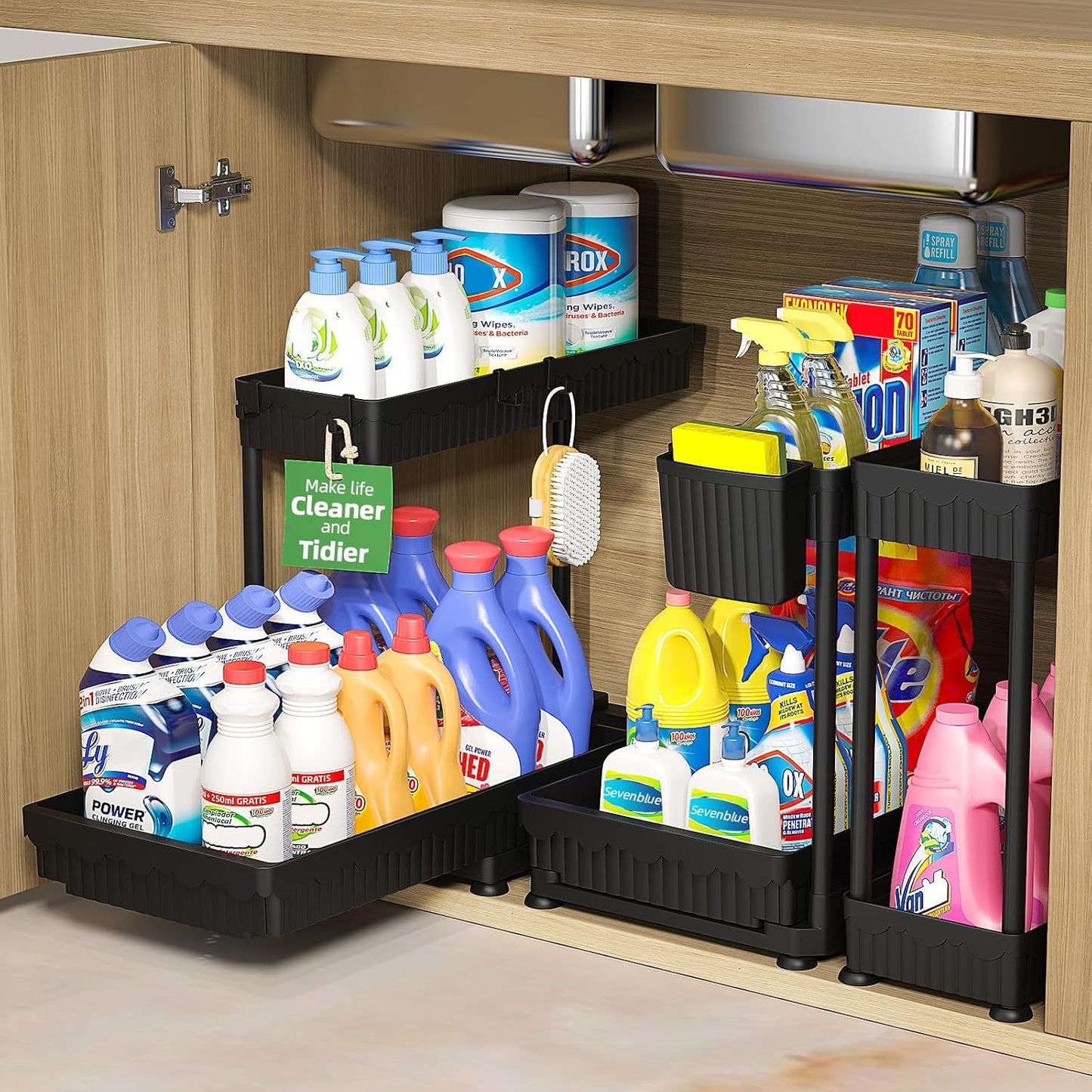 Sevenblue 3 Pack Multi-Purpose Pull-Out Storage Organizers, 2-Tier L-Shaped Under Sink/Cabinet Organizers and Storage for Bathroom & Kitchen, (Black, 12.85 Inches)