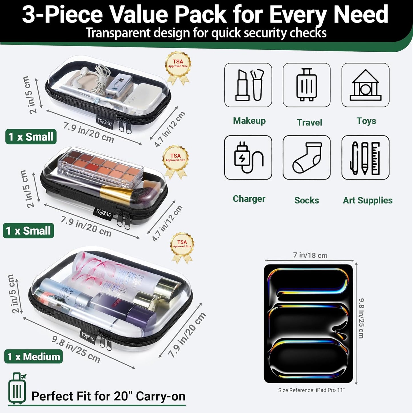 YQBRAO 3-Pack Clear Hard Shell Zipper Case Black, 1.2mm Heavy-Duty Crush-Proof Travel Makeup Bag, TSA Approved Clear Zipper Pouches, Rigid Toiletry & Diaper Bag Organizer for Tech, Toys & Art Supplies