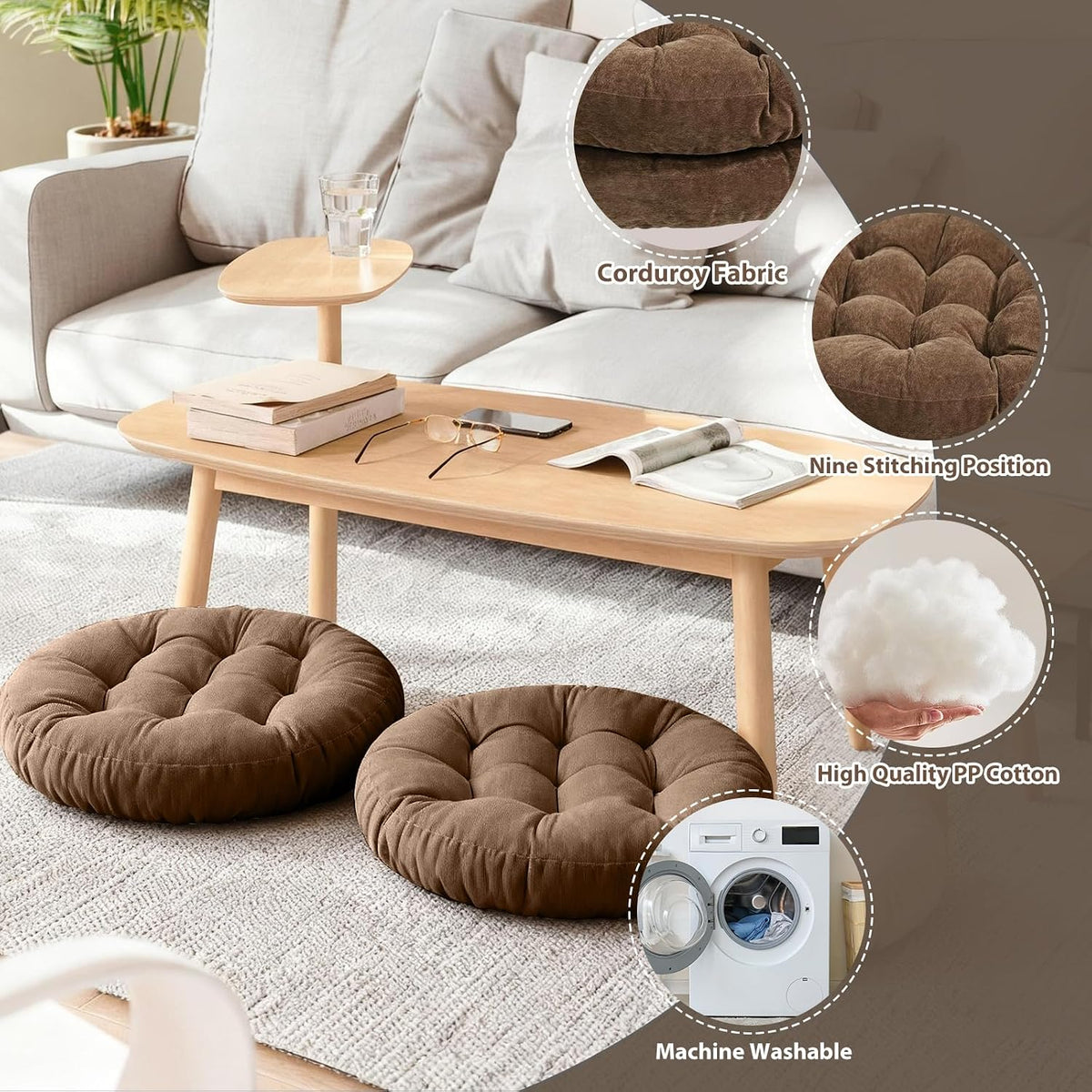 Tiita 22 Inch Floor Cushion - Round Outdoor Chair Cushion Pad with Corduroy