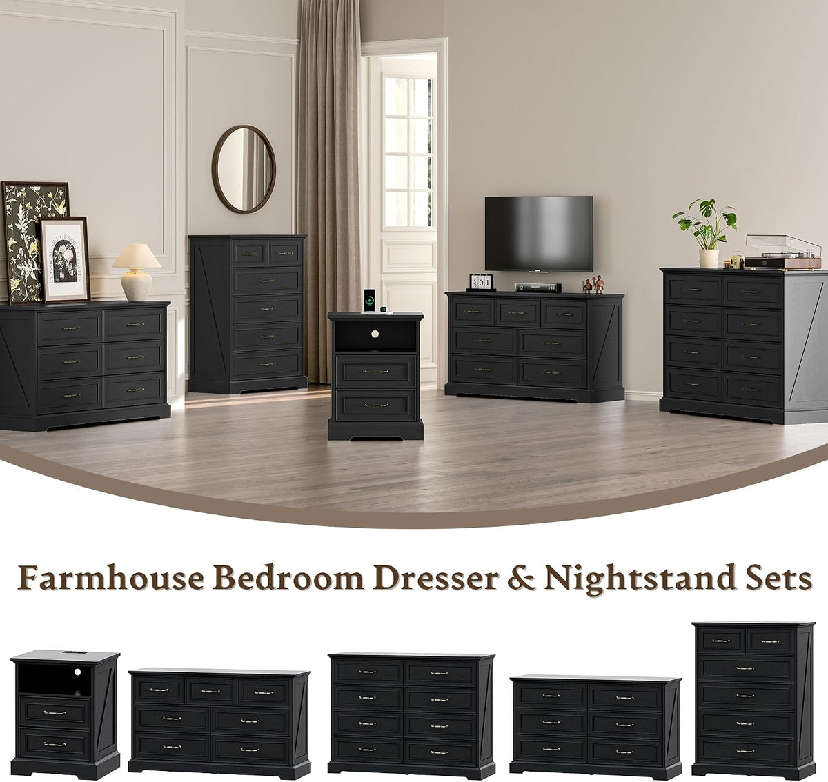 Xixini Tall Nightstand with Charging Station, Farmhouse Black Bedside Table