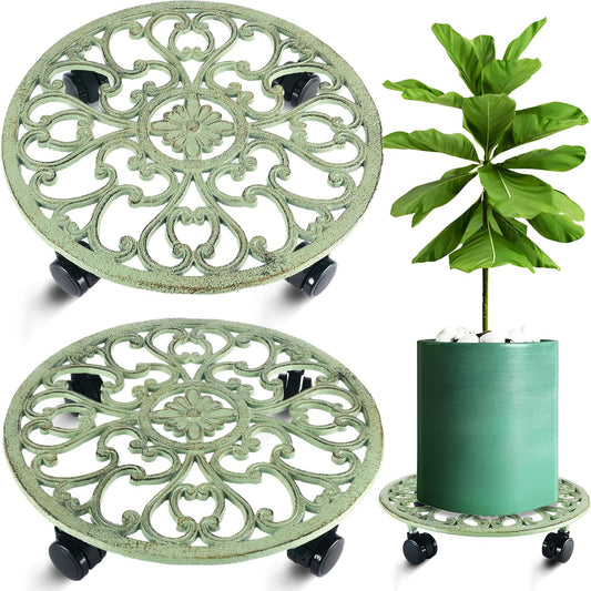 2 Packs 14 Inch Rolling Plant Stand with Wheels Metal Plant Caddy with Wheels Heavy Duty Round Plant Stand Indoor Iron Plants Rollers for Plants, Plant Dolly Retro Green