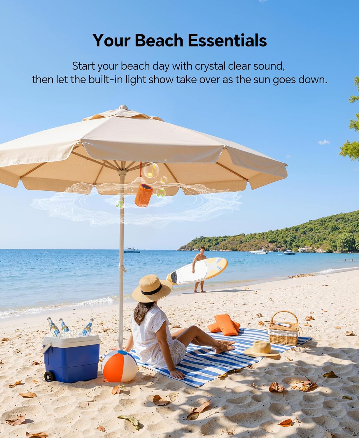 Portable Bluetooth Speaker Beach Essentials: Powerful Crystal Clear Sound/Dynamic Light/IPX5 Waterproof/All Day Playtime/Wireless BT 5.3/TWS Paring, Dad Gifts, Outdoor|Travel|Camping|Pool Accessories