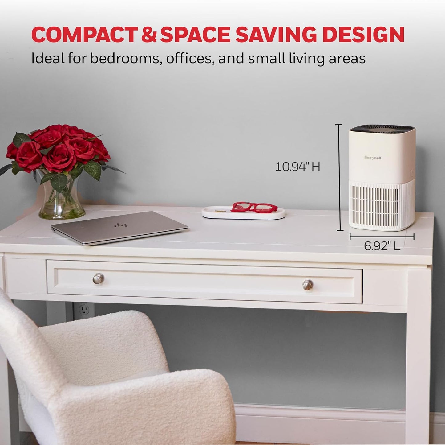 Honeywell Allergen Plus Compact Small Room HEPA Air Purifiers for Home, Up to 530 Ft² Coverage, 3-in-1 Filter, Pet Dander, Smoke & Odor Reducer Air Quality Sensor with Auto Mode, White, HPA125W