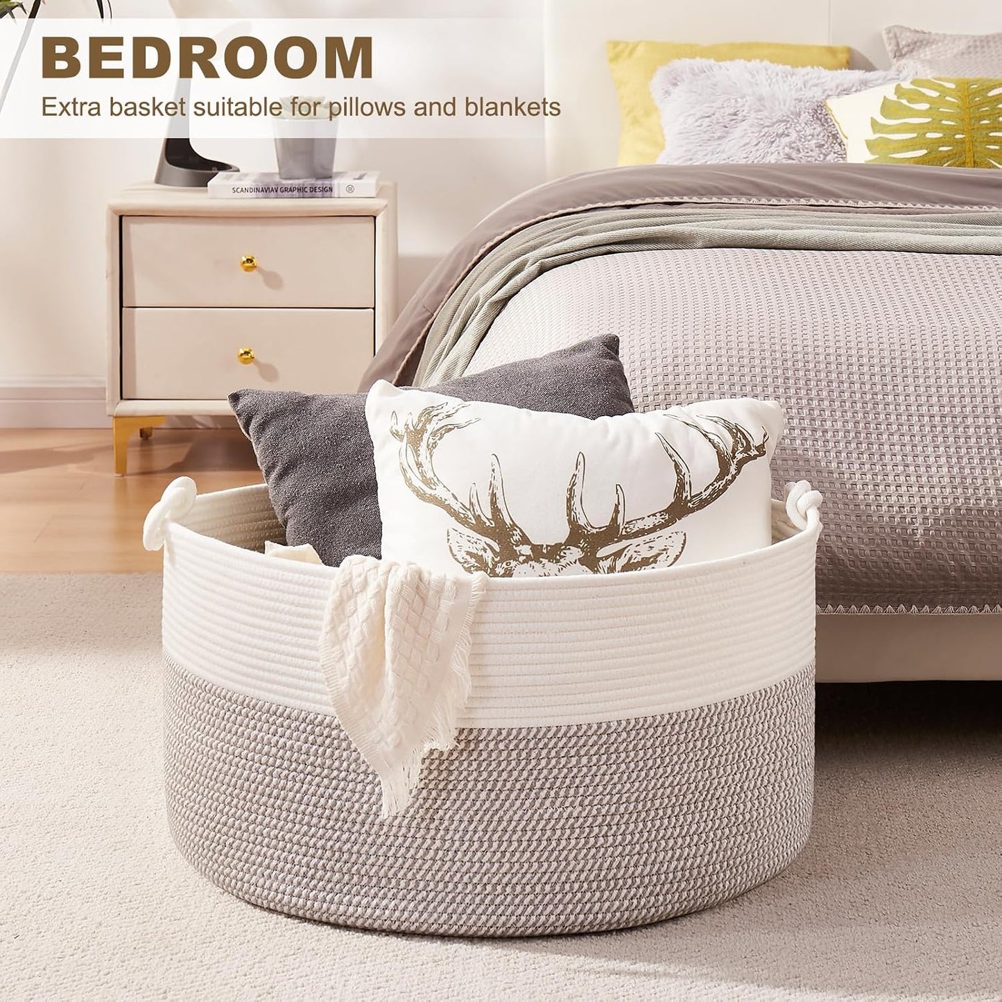 OIASKET Large Blanket Storage Basket for Living Room, 22.8" x 22.8" x 13" Woven Cotton Rope Basket with Handles, Baby Toy Storage, Laundry Hamper for Clothes, Pillows, Towels-Grey and White