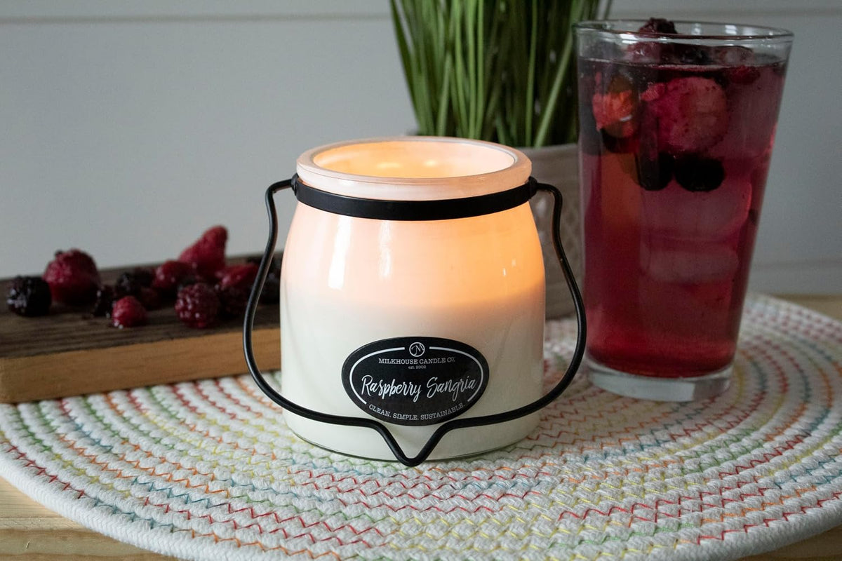 Milkhouse Raspberry Sangria Soy Candle, 16 oz Butter Jar, 65+ Hr Burn