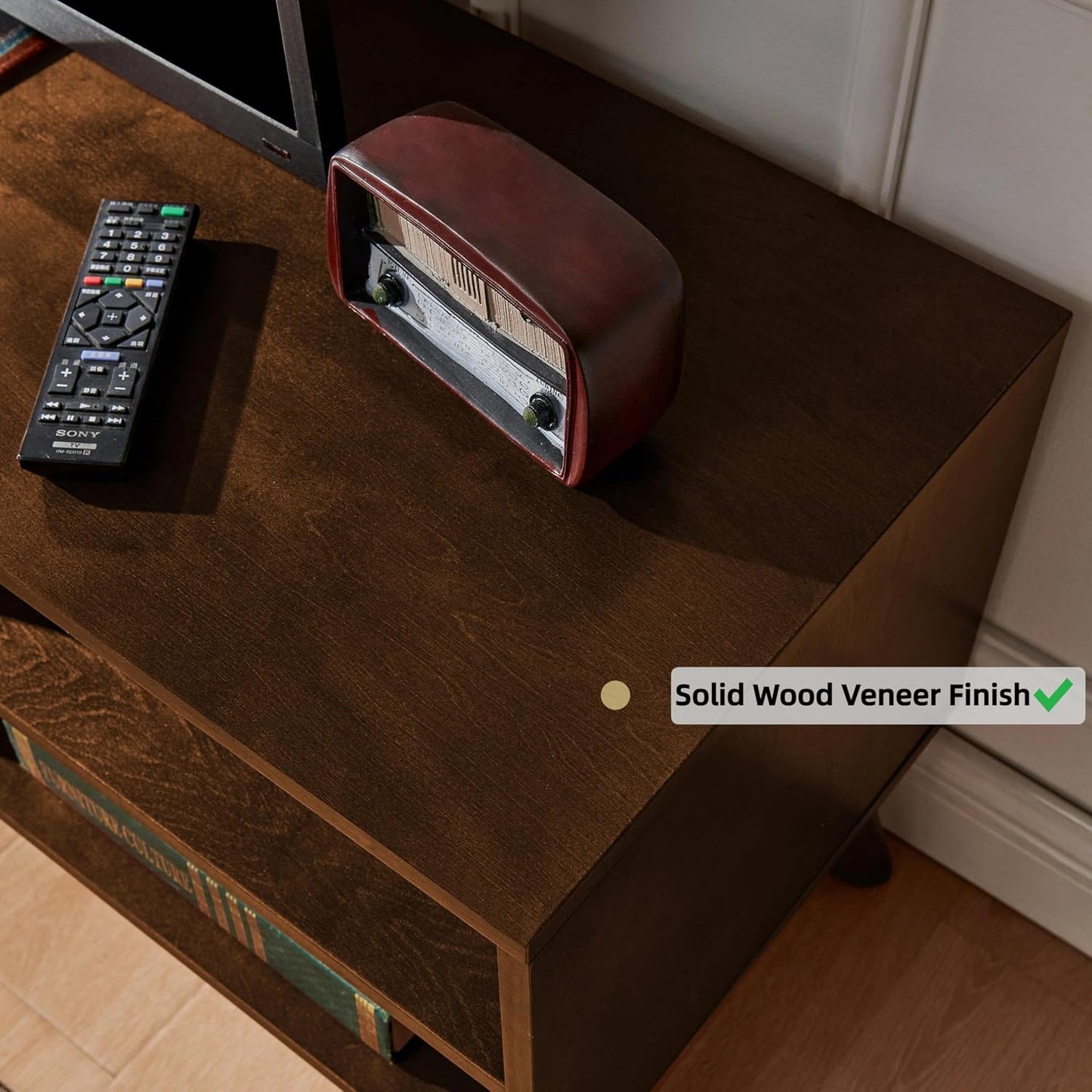 LKTART 59" Rattan Mid Century TV Stand,Entertainment Center,Media Console | Real Wood Veneer Mid Century Modern TV Stand for Living Room,Rattan Media Console Cabinet with Solid Wood Legs,Dark Walnut