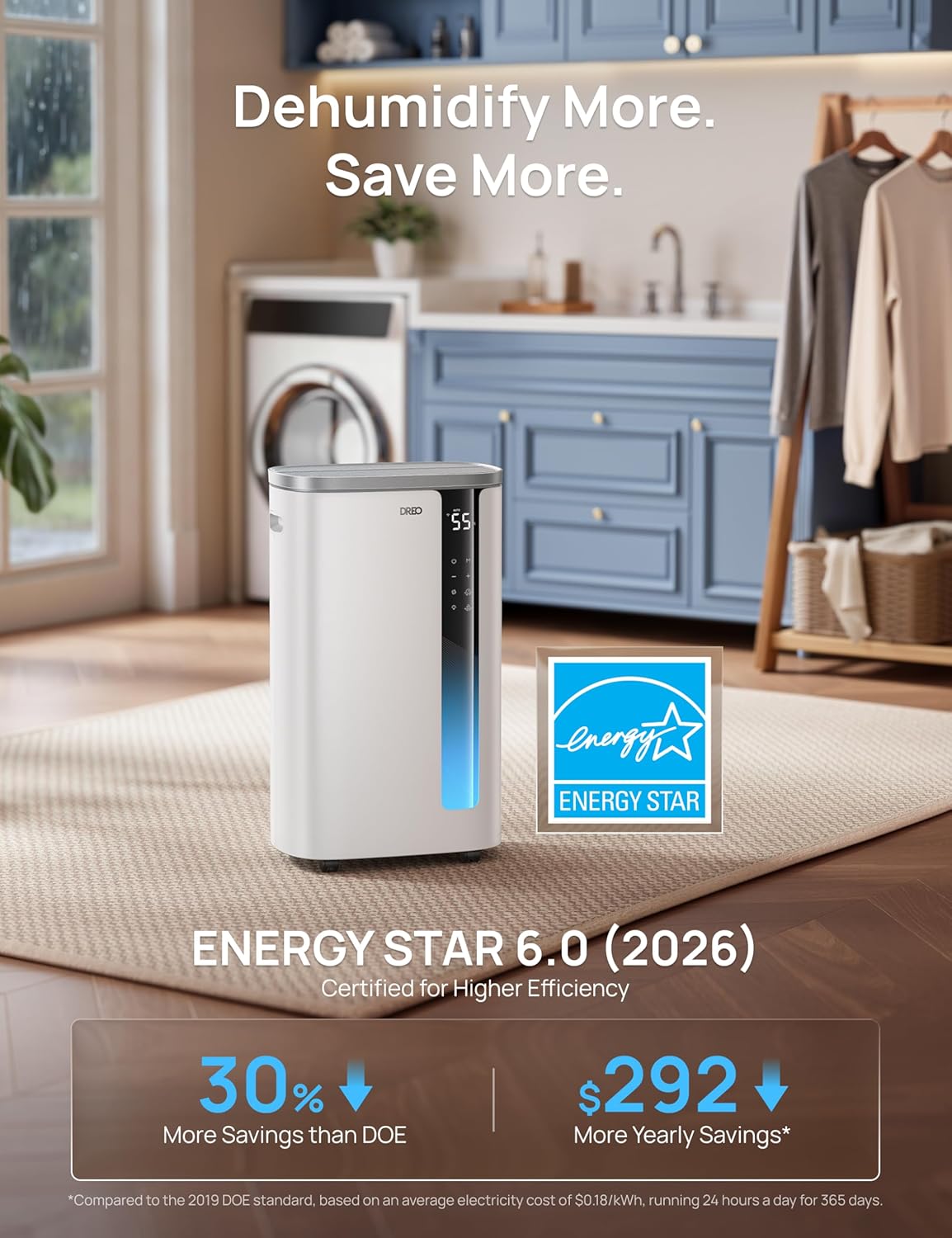 DREO 73 Pint Smart Dehumidifier for Basement, Home & Large Room up to 2000 Sq Ft, Energy Star 6.0 Dehumidifier with Drain Hose, Quiet 42dB, Auto Humidity Control, 3 Fan Speeds, Timer, Continuous Drain