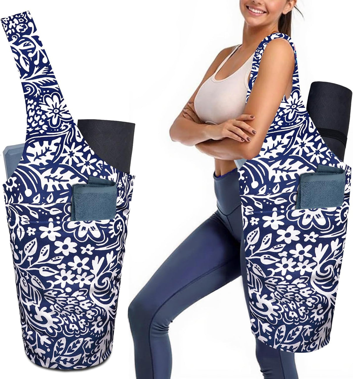 Yoga Mat Bag Carrier for Women with Side Large Pocket Durable Linen Workout Gym Travel Storage Pilates Mats