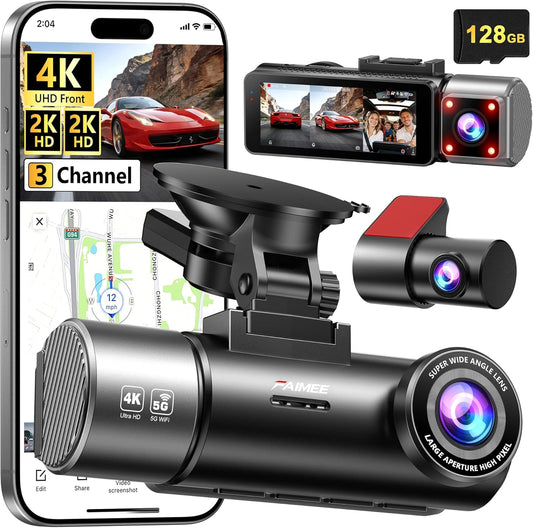 4K+2K+2K 3 Channel Dash Cam Front and Rear, 128GB Card Included, Dash Camera for Cars 5.8G/2.4G Dual Wifi, Built-in GPS, Night Vision, WDR, 170°Wide Angle, G-Sensor Emergency Lock, 24H Parking Monitor