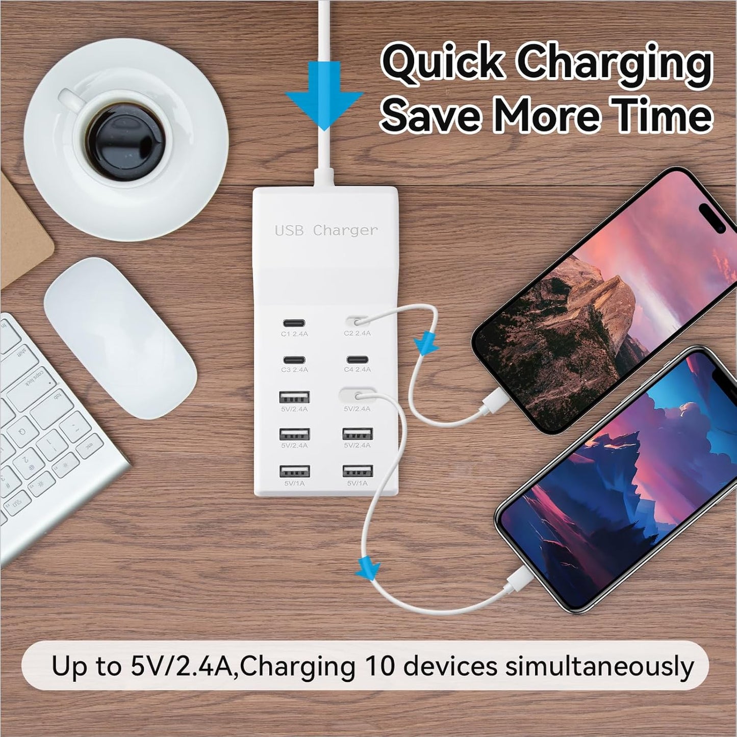 USB Charging Station with 6 USB-A and 4 USB-C Ports, 50W 10A USB Charger Block for Smart Phone, Tablet, Laptop, Multiple Devices - USB Power Strip with Auto-Detect Technology