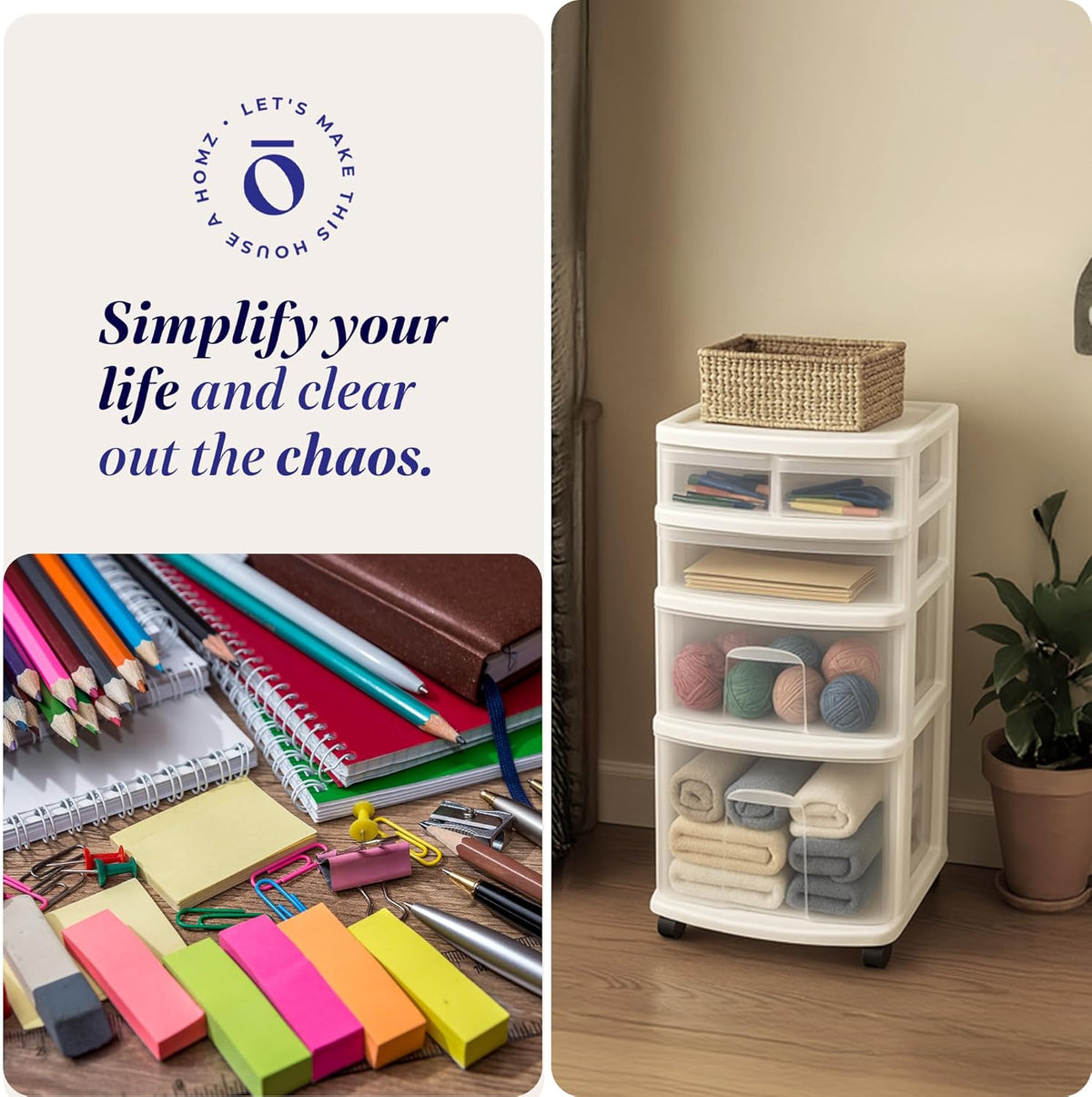 HOMZ Drawer Tower, 4-Tier Clear Plastic Storage Organizer Cart, White Frame - Rolling Drawers with Wheels for Desk, Dresser, Cabinet, Bedroom, Bathroom, Classroom, and Office Organization
