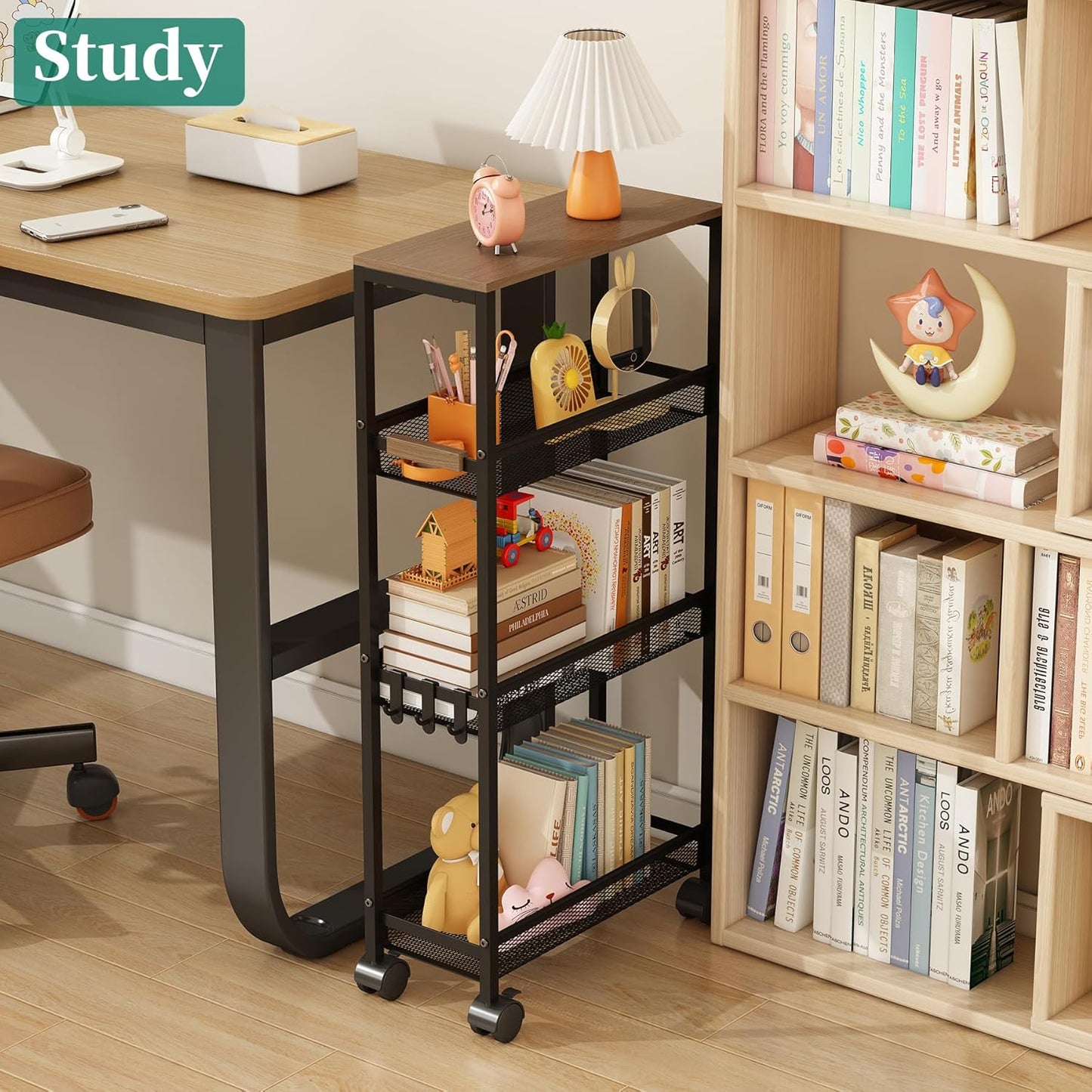 TIPGO Utility Slim Storage Cart, 4 Tier Rolling Cart with Wheels, Narrow Storage Cabinet for Bathroom, Laundry Shelves for Room Organization, Small Organizer for Kitchen, Office and Dorm (Black)