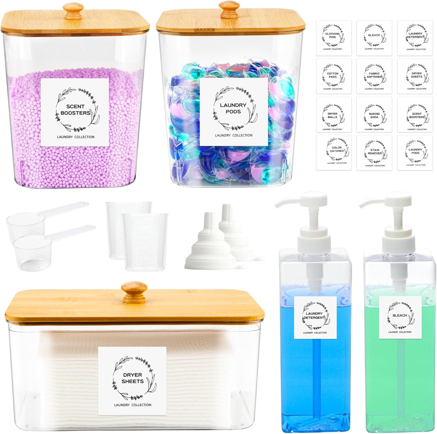 FEXIA 3+2 Pack Laundry Pods Containers and Dryer Sheet Holder with Laundry Detergent Dispenser Laundry Room Organization Storage Containers with Lids and Labels for Scent Booster,Powder,Pods