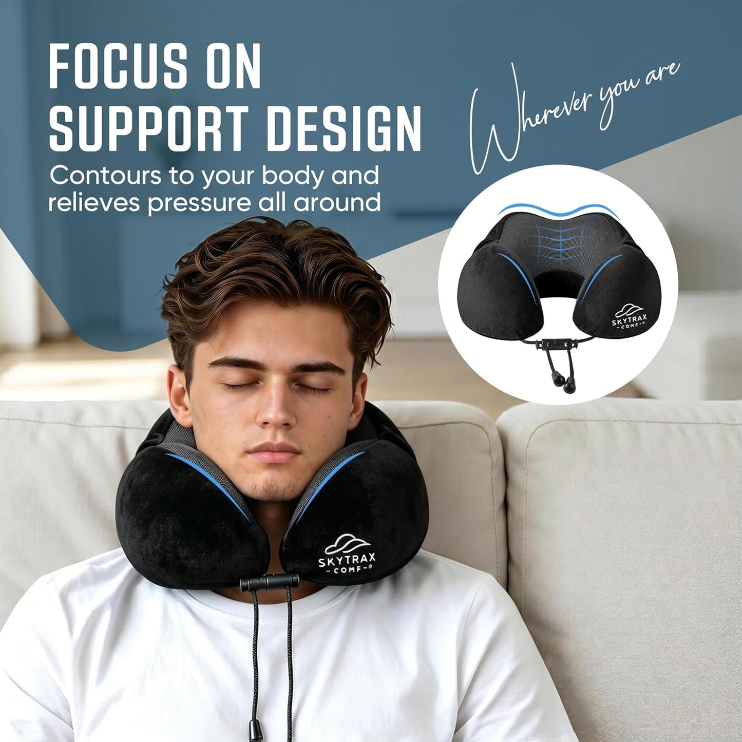 SkytraxComf® Travel Neck Pillow with Hood for Privacy on Long Flights | Memory Foam | Airplane Sleep | Safety-Tested Materials | Extra Large Hood | Chin Support | Earplugs | Washable Cover