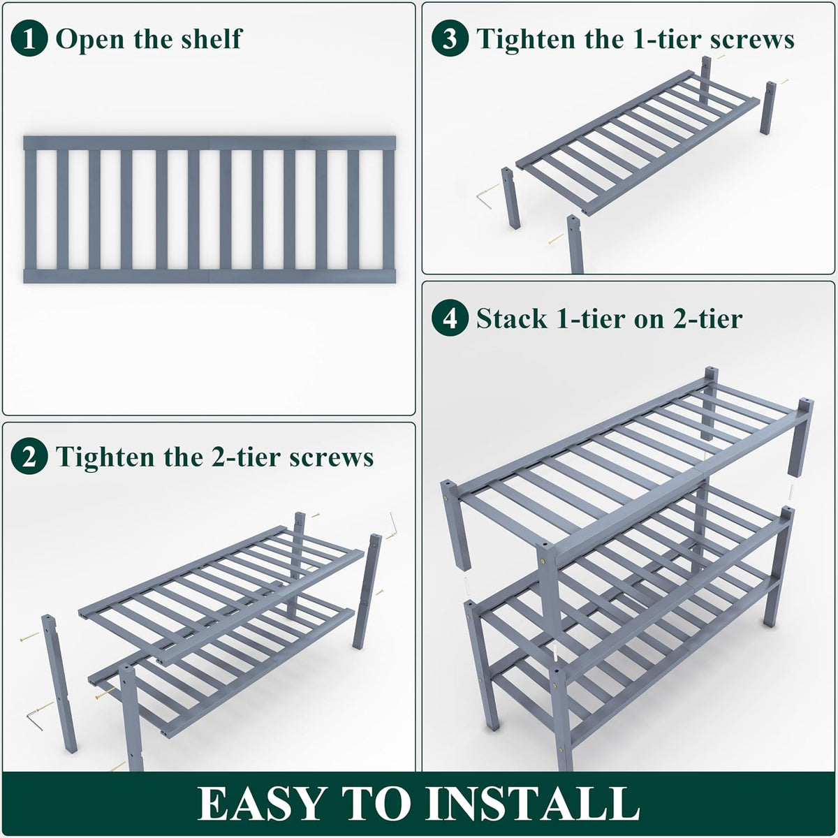 Smiry Bamboo Shoe Rack, 14 Vertical Slats, 3 Tier - 26.8" Wide, Grey