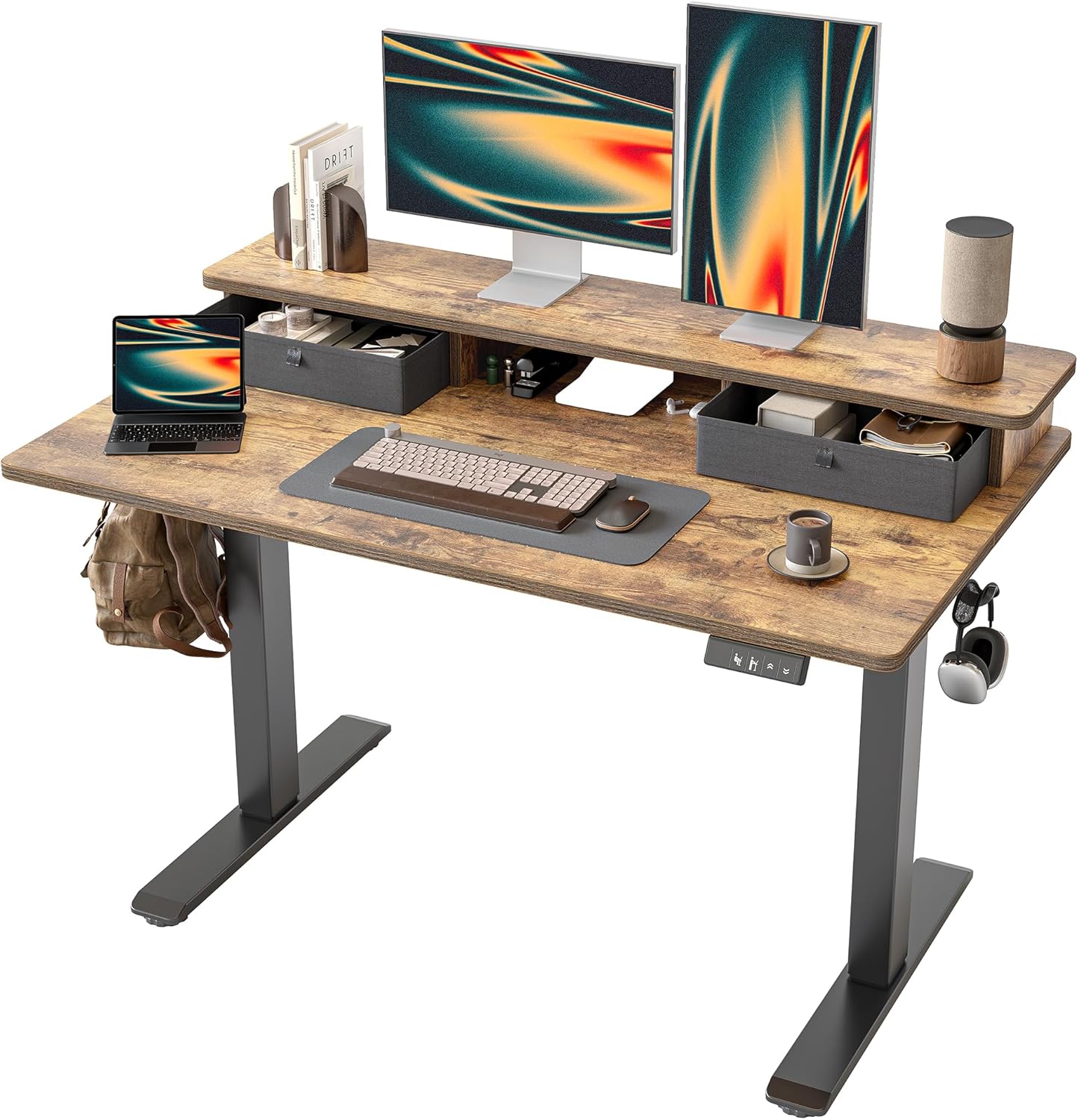 TIQLAB Standing Desk with Two Drawers, Stand Up Standing Desk Adjustable Height, Electric Sit Stand Table with Storage Shelf and Splice Board, 48 * 24 inch, Rustic Brown