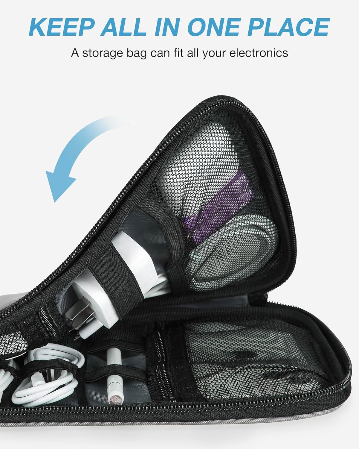 BAGSMART Large Electronics Travel Organizer Case, Tech Accessories Cord Storage Bag for Phone, Power Bank, SD Card, Cables, Grey