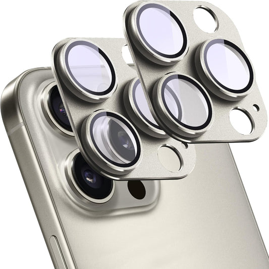 2 Pack Camera Lens Protector for iPhone 15 Pro/15 Pro Max,[Not Easy to Breakn ] AR Tempered Glass Strong Adsorption Metal Camera Cover Screen-Titanium Grey