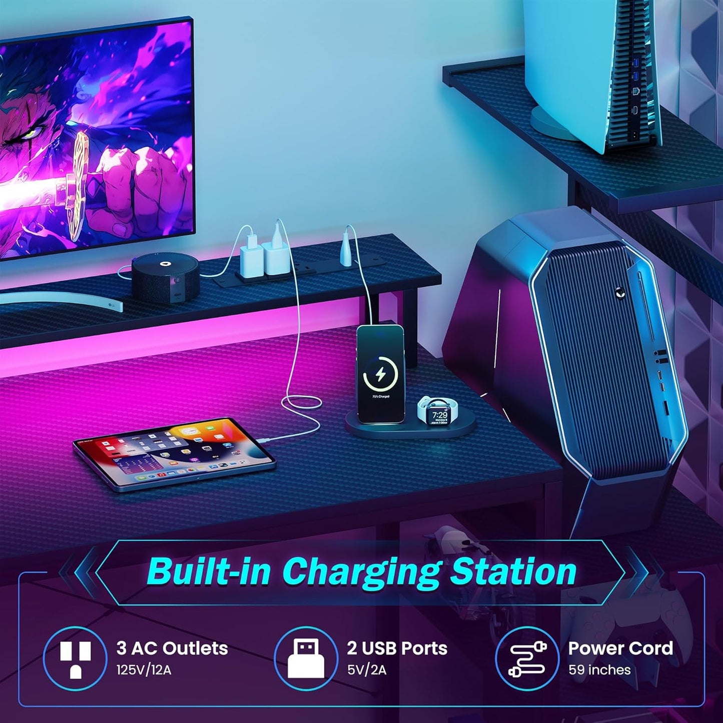 51 Inch Gaming Desk with LED Lights and Power Outlets, Computer Desk with Storage Shelves, Fabric Drawers, Monitor Stand & Side Hook, Reversible Gamer Table for Home Office, Carbon Fiber Black