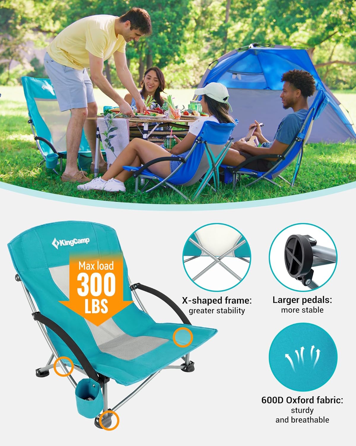 KingCamp Low Beach Chair, High Back Folding Camping Chair for Adults, Oversized Breathable Mesh Seat, 300lbs Heavy Duty Portable Chair with Cup Holder & Storage Pockets for Beach, Outdoor