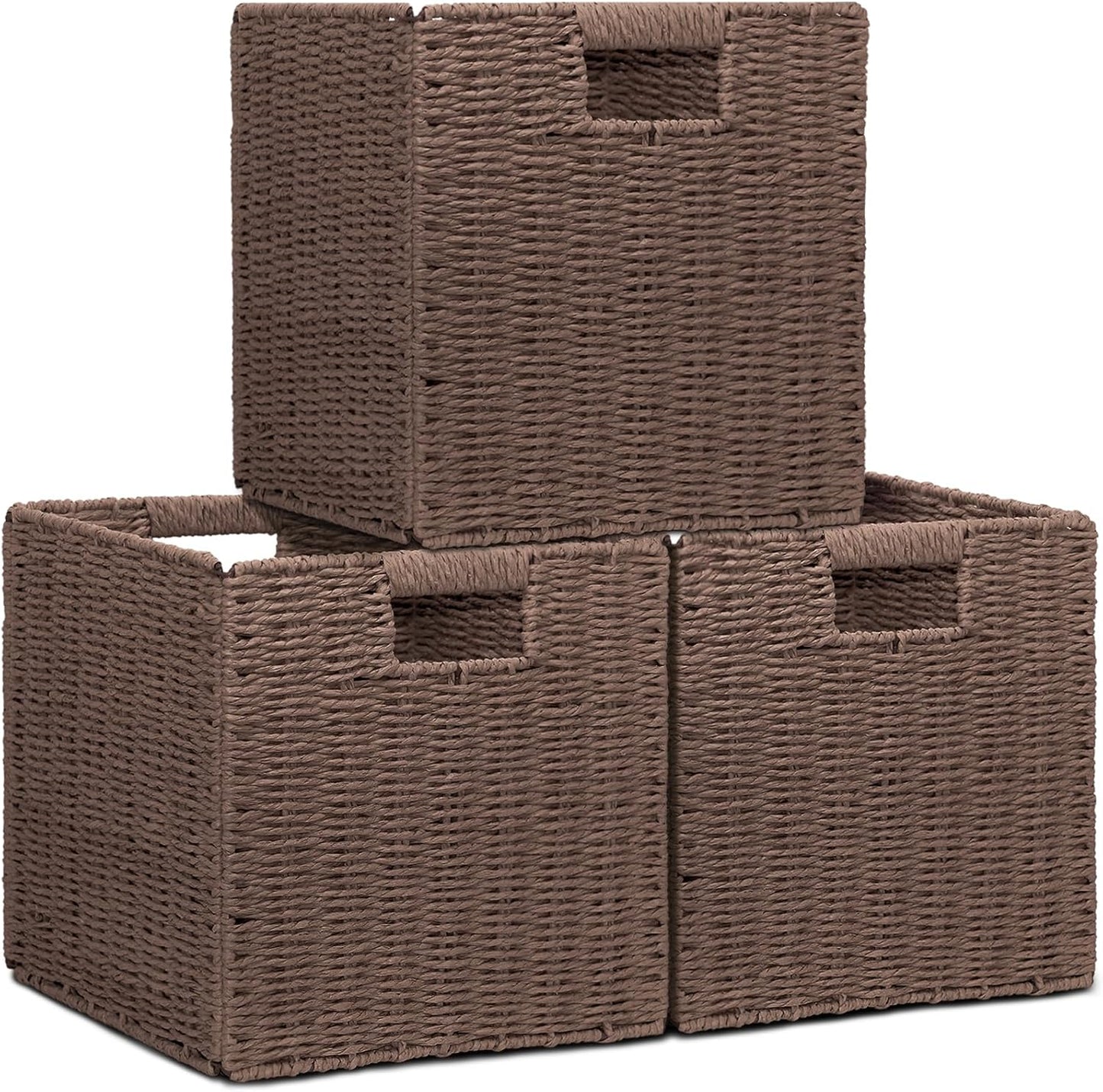 Wicker Storage Baskets for Organizing, 3 Pack Rustic Foldable Square Basket for Shelves, Handwoven Cubby Organizer Bins for Home Decor, Small Cube Storage Bin for Closet Organization (Natural 11 inch)