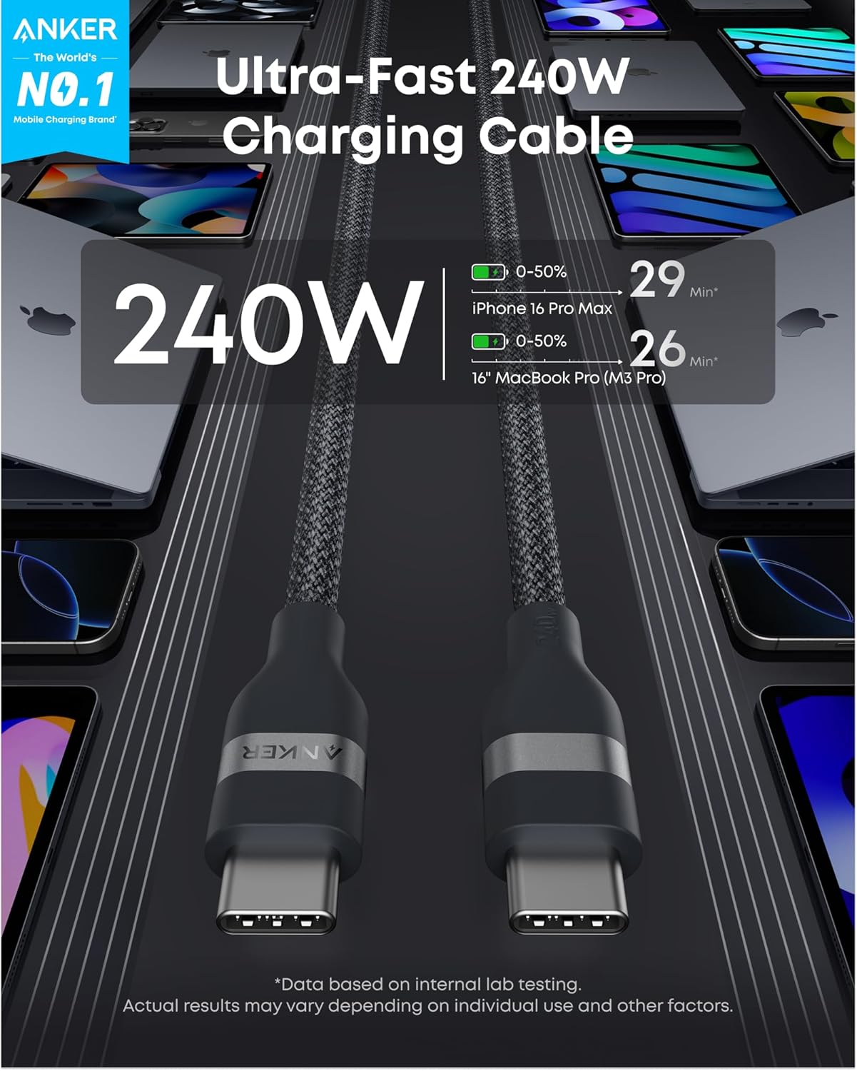 Anker Nano USB C Cable, 240W Flexible Multi-Color Braided Cord, Fast Charging Type C Charger for iPhone 17 Series, MacBook Pro and More (Black, 6ft)