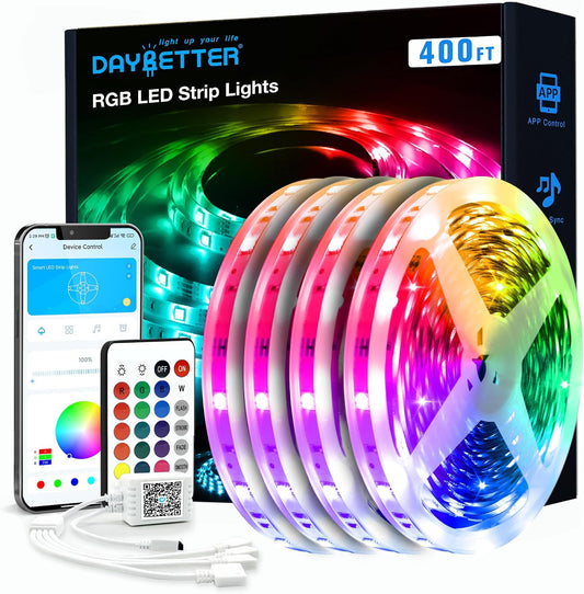 DAYBETTER LED Strip Lights 400 ft, Smart Light with App Remote Control, RGB LED Lights for Bedroom, Music Sync Color Changing for Room Home Decor Party Festival Halloween, Christmas (4 Rolls)