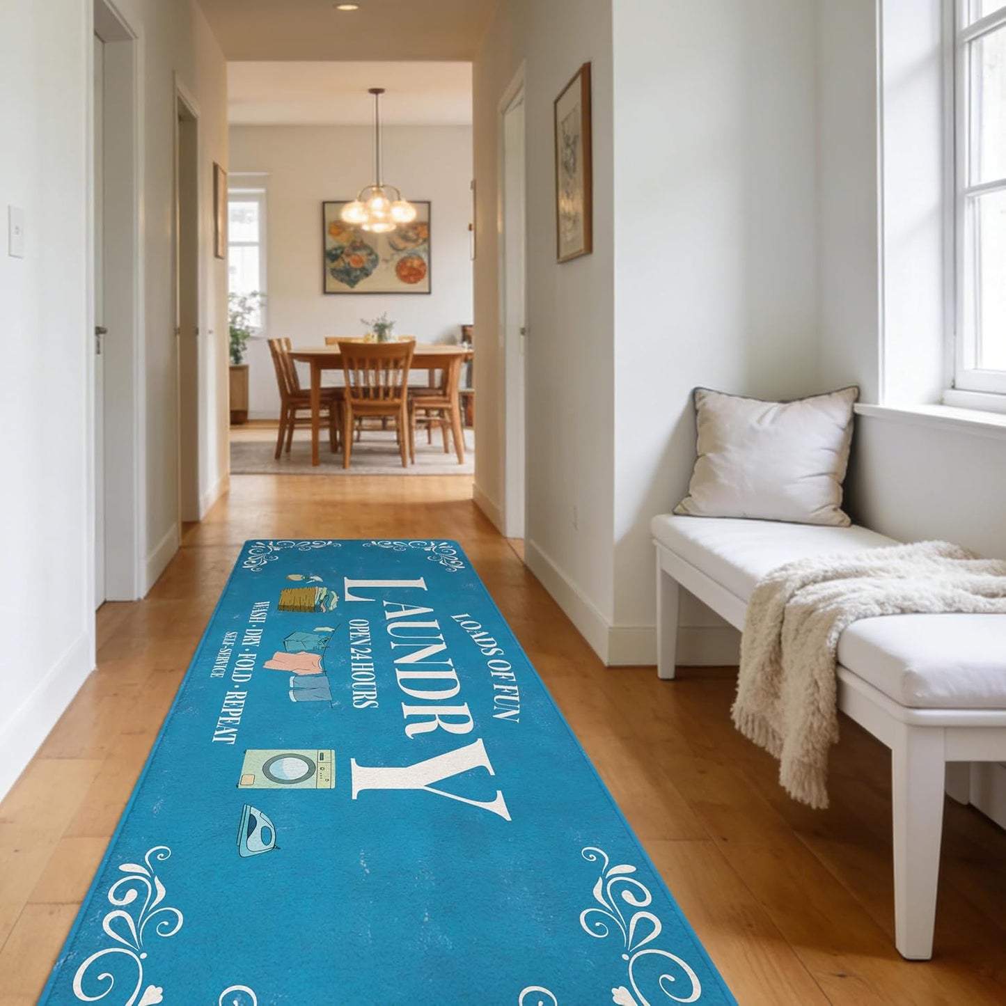 Washable Laundry Room Rug, 20"X47" Non Slip Laundry Mat Runner Soft Low-Pile Laundry Room Organization Farmhouse Decor Area Rug for Entryway Hallway Kitchen Bathroom Blue