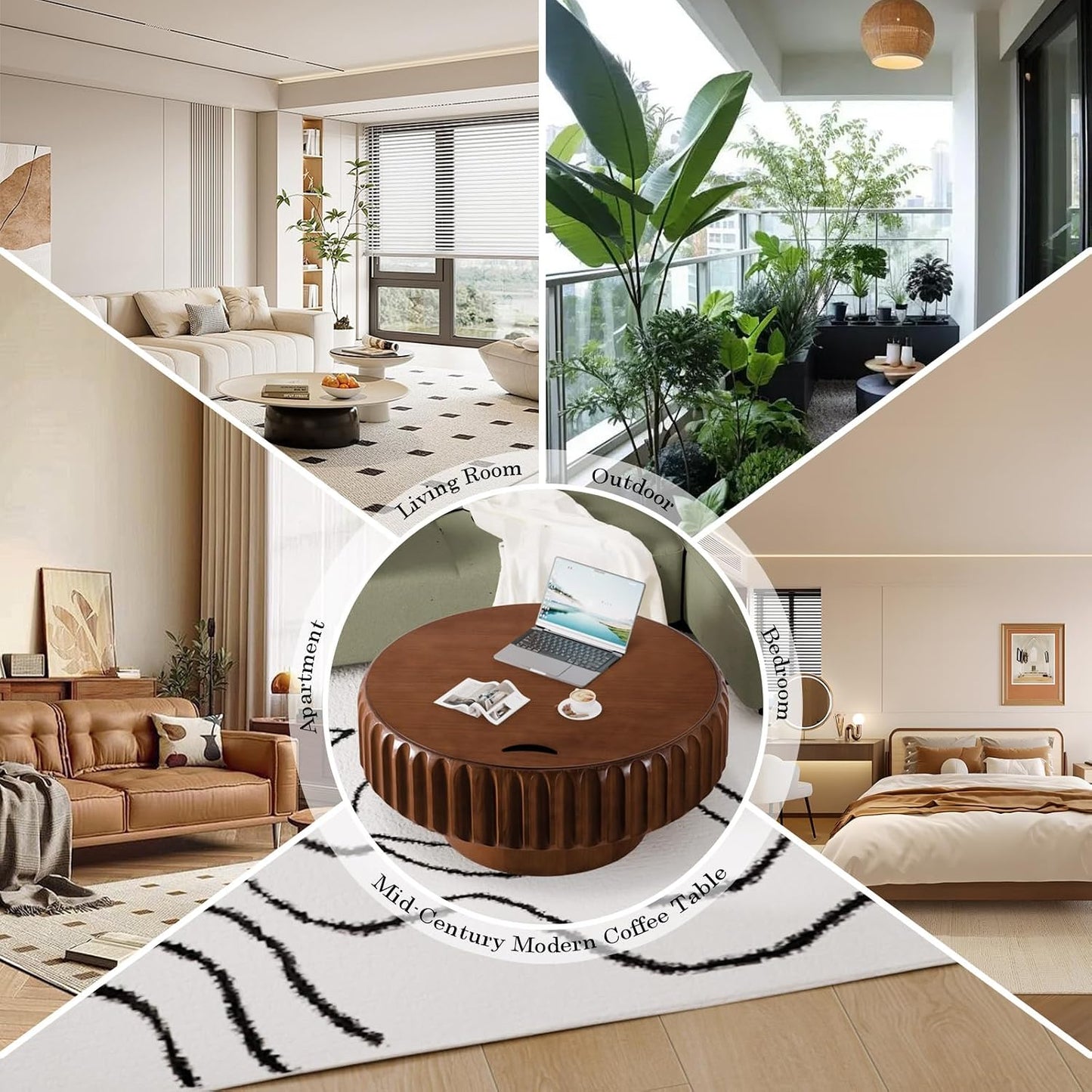 Round Coffee Table (Walnut 31.5'') | Storage for Living Room, Wood Circle Drum, Modern Fluted Center Table, Accent Table for Home Office Apartment