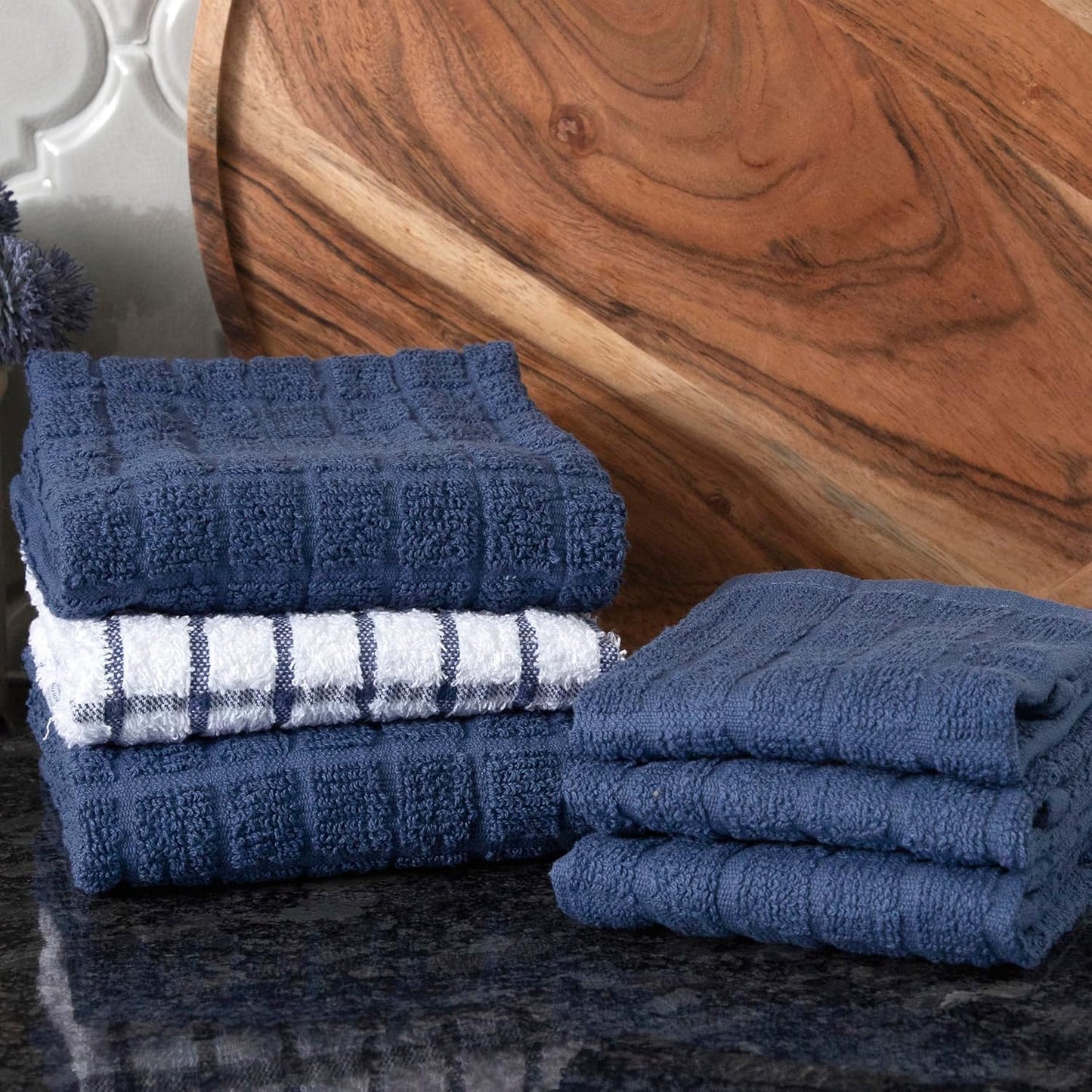 Ritz Premium Kitchen Towel and Dish Cloth Value Set: Highly Absorbent, Super Soft, Long-Lasting, 100% Cotton Checked and Solid Hand Towels, Tea Towels, Bar Towels - 6 Pack, Navy