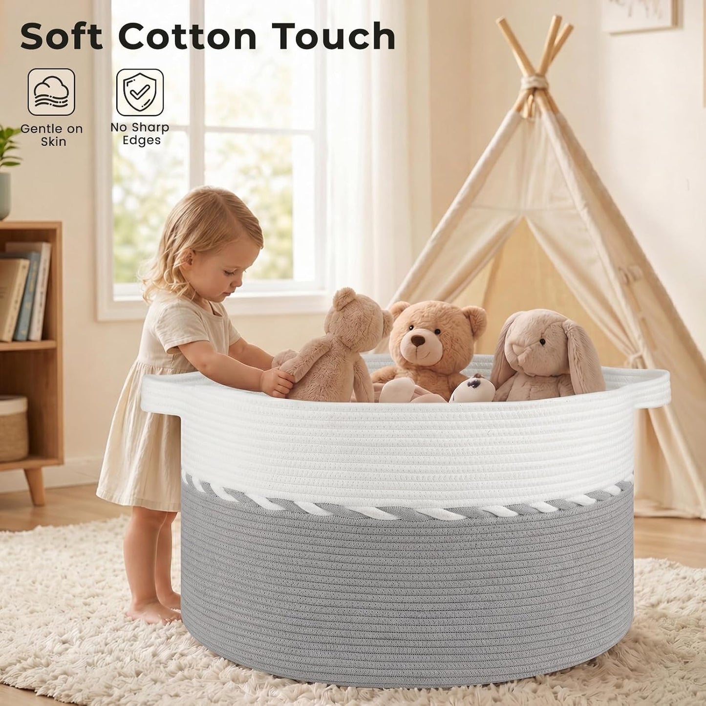 OIAHOMY 90L Extra Large Blanket Basket - Decorative Cotton Rope Storage Basket for Bedroom, Living Room & Nursery - Woven Laundry Hamper for Organizing Blankets, Clothes & Toys - Grey & White